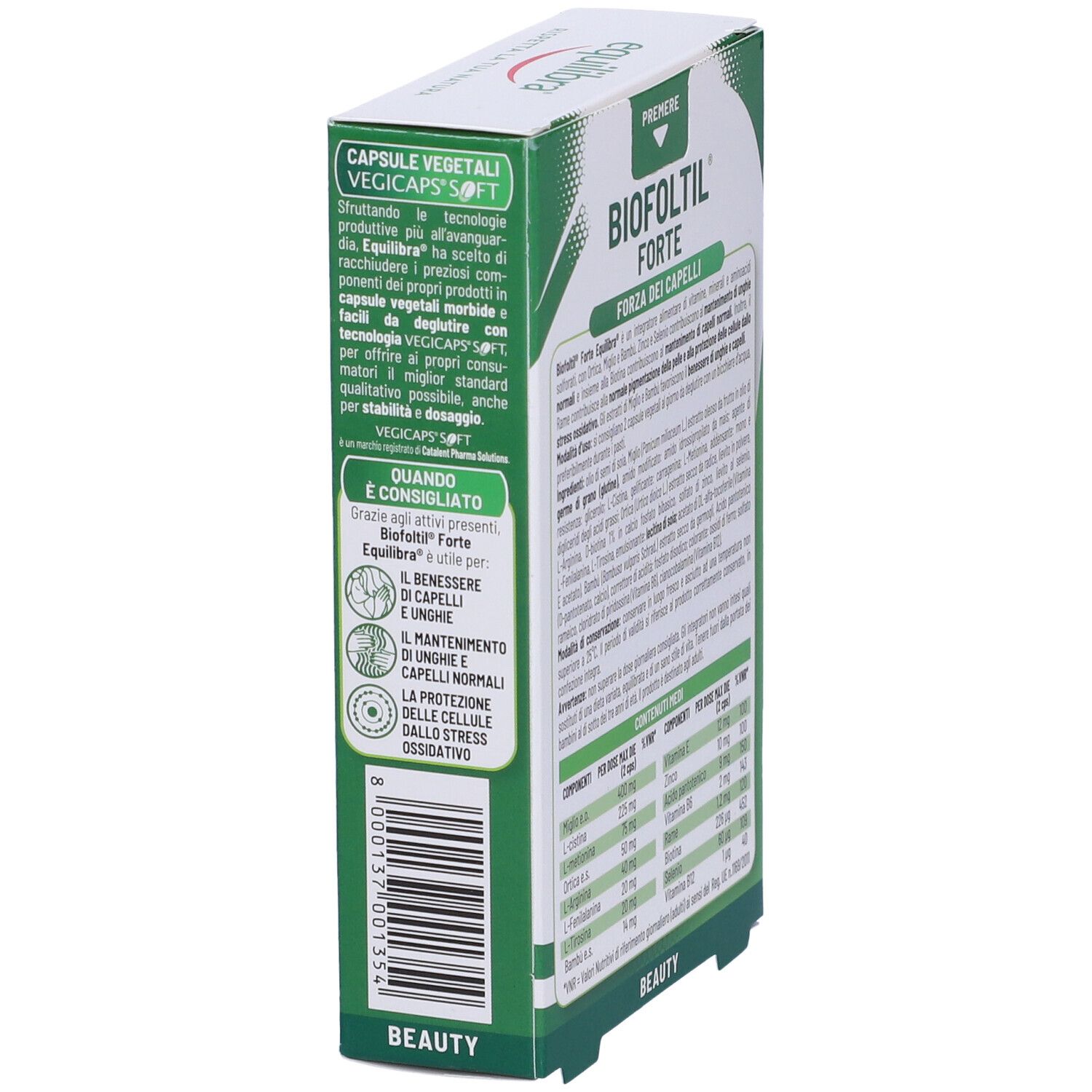 Vista laterale della confezione di Equilibra Biofoltil Forte. Contiene informazioni sulle capsule e il loro utilizzo.