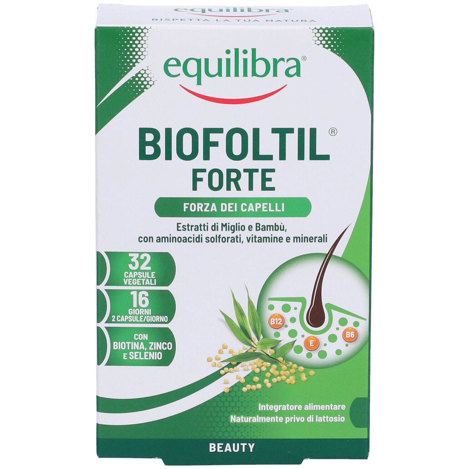 Confezione di Equilibra Biofoltil Forte. Contiene 32 capsule vegetali. Con biotina, zinco e selenio. Per 16 giorni.