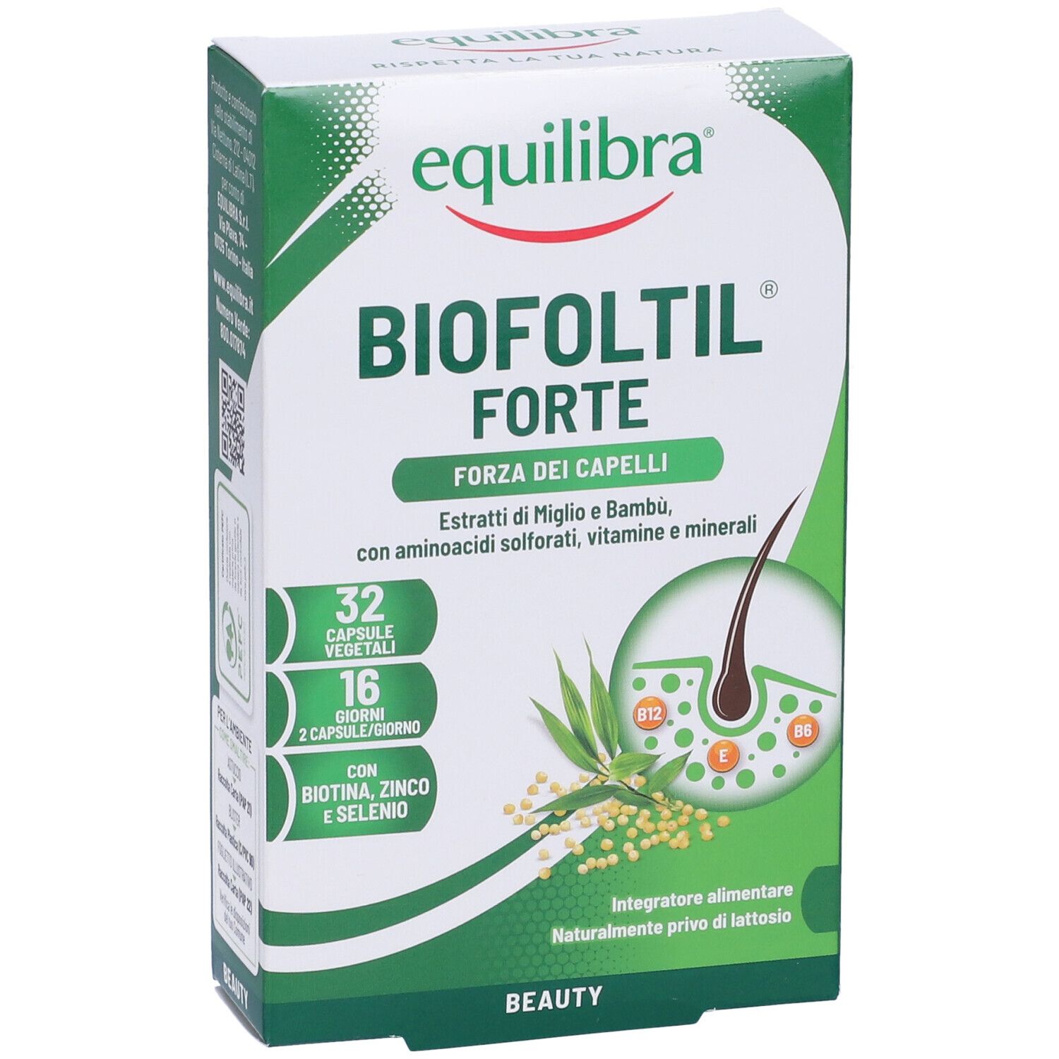 Confezione di Equilibra Biofoltil Forte. Contiene 32 capsule vegetali. Con biotina, zinco e selenio. Per 16 giorni.