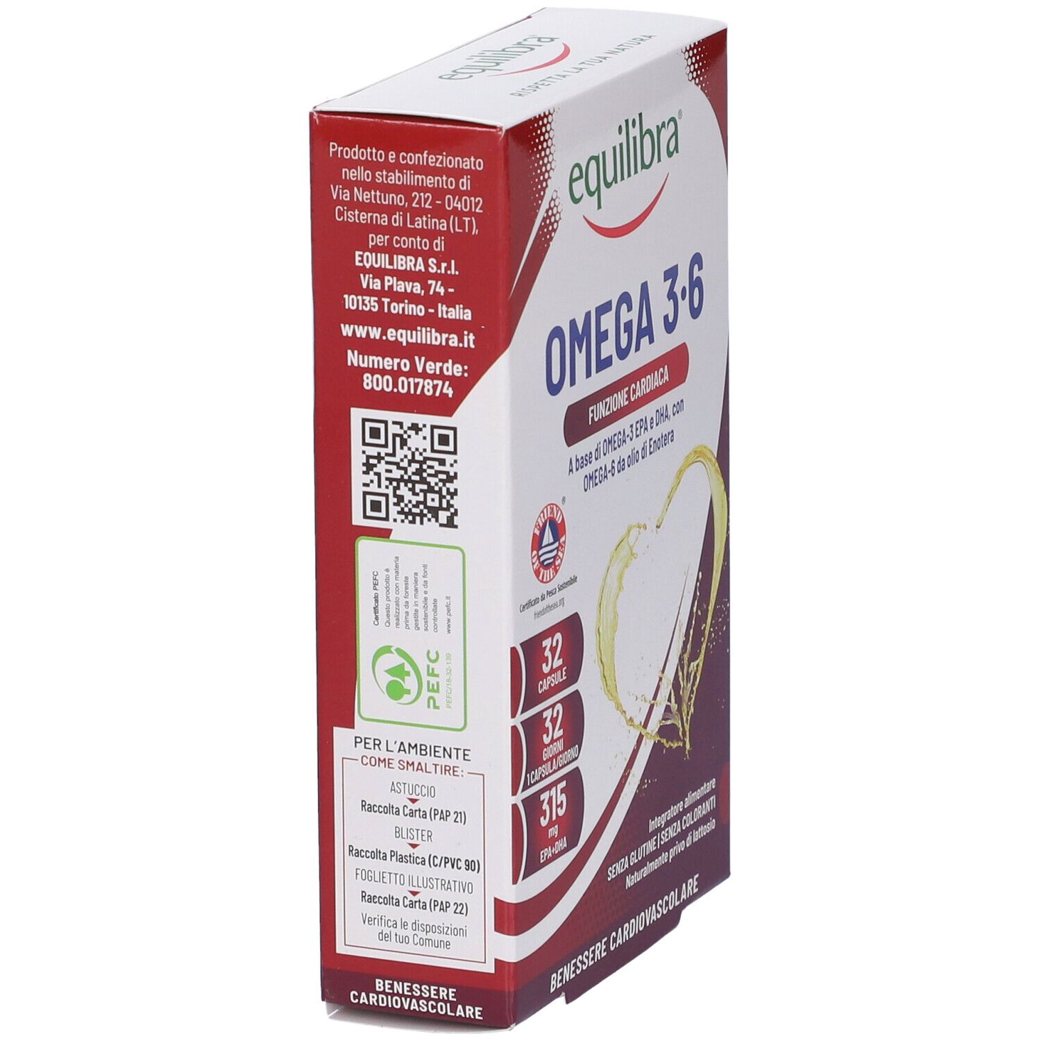 Vista laterale della confezione Equilibra Omega 3-6. Scatola rossa e bianca con testo e codice QR.