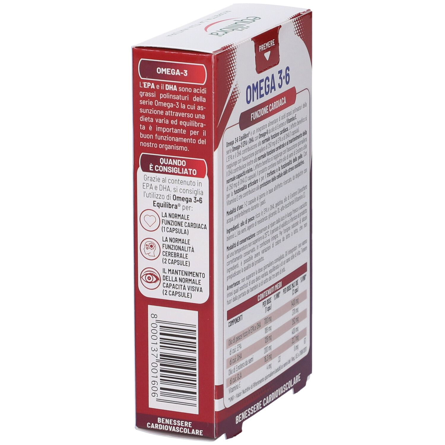 Lato della confezione Equilibra Omega 3-6. Testo su Omega-3 e Omega-6. Contiene informazioni.