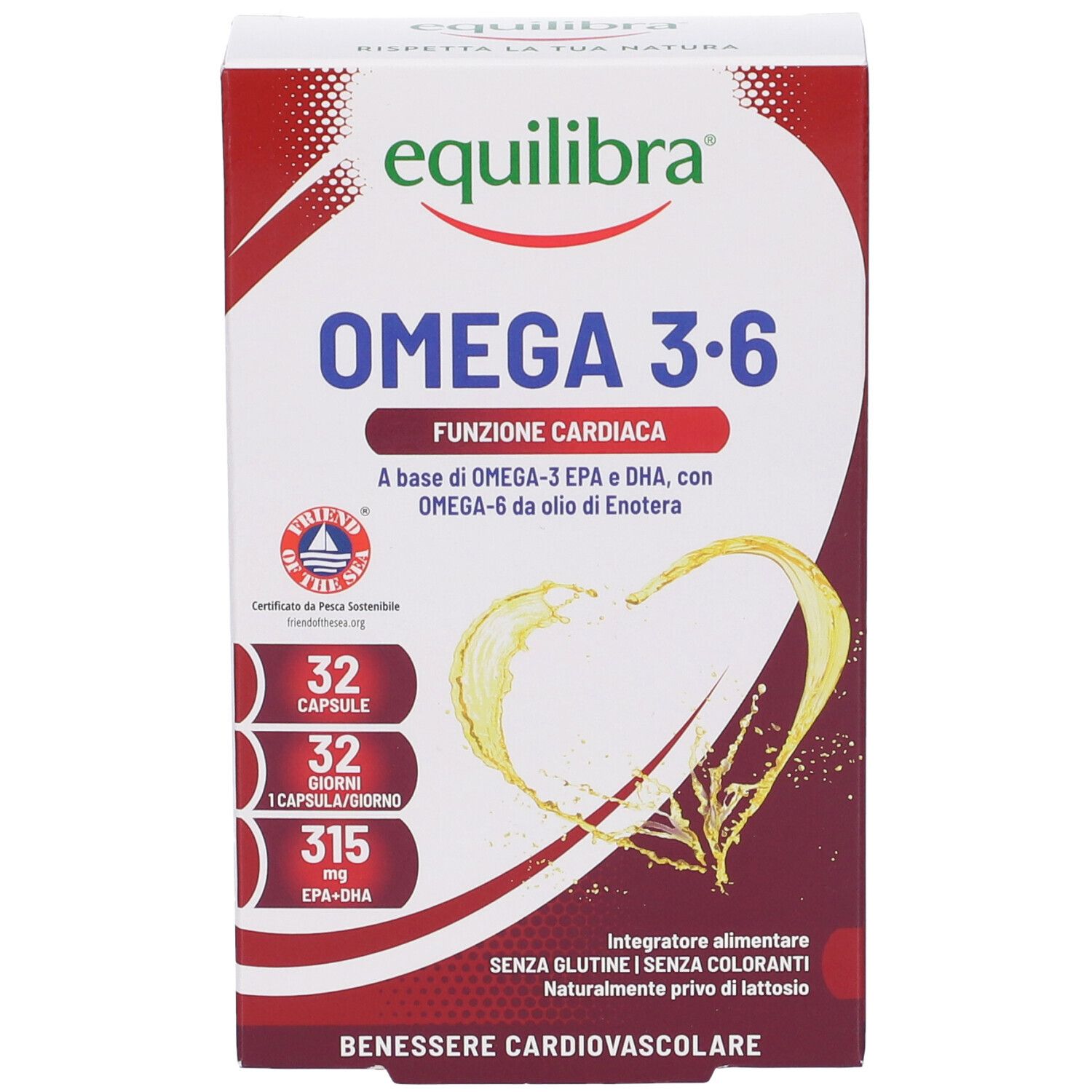 Confezione di Equilibra Omega 3-6. Scatola rossa e bianca con nome e dettagli. Grafica a cuore.