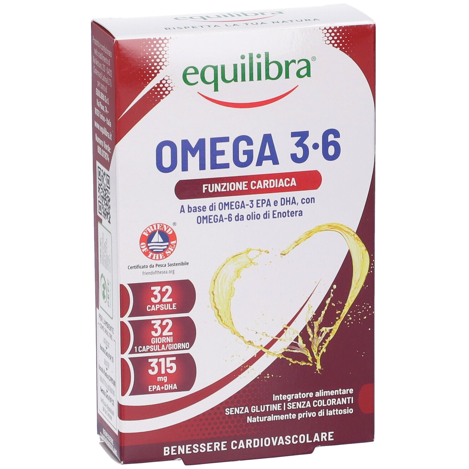 Confezione di Equilibra Omega 3-6. Scatola rossa e bianca con nome e dettagli. Grafica a cuore.