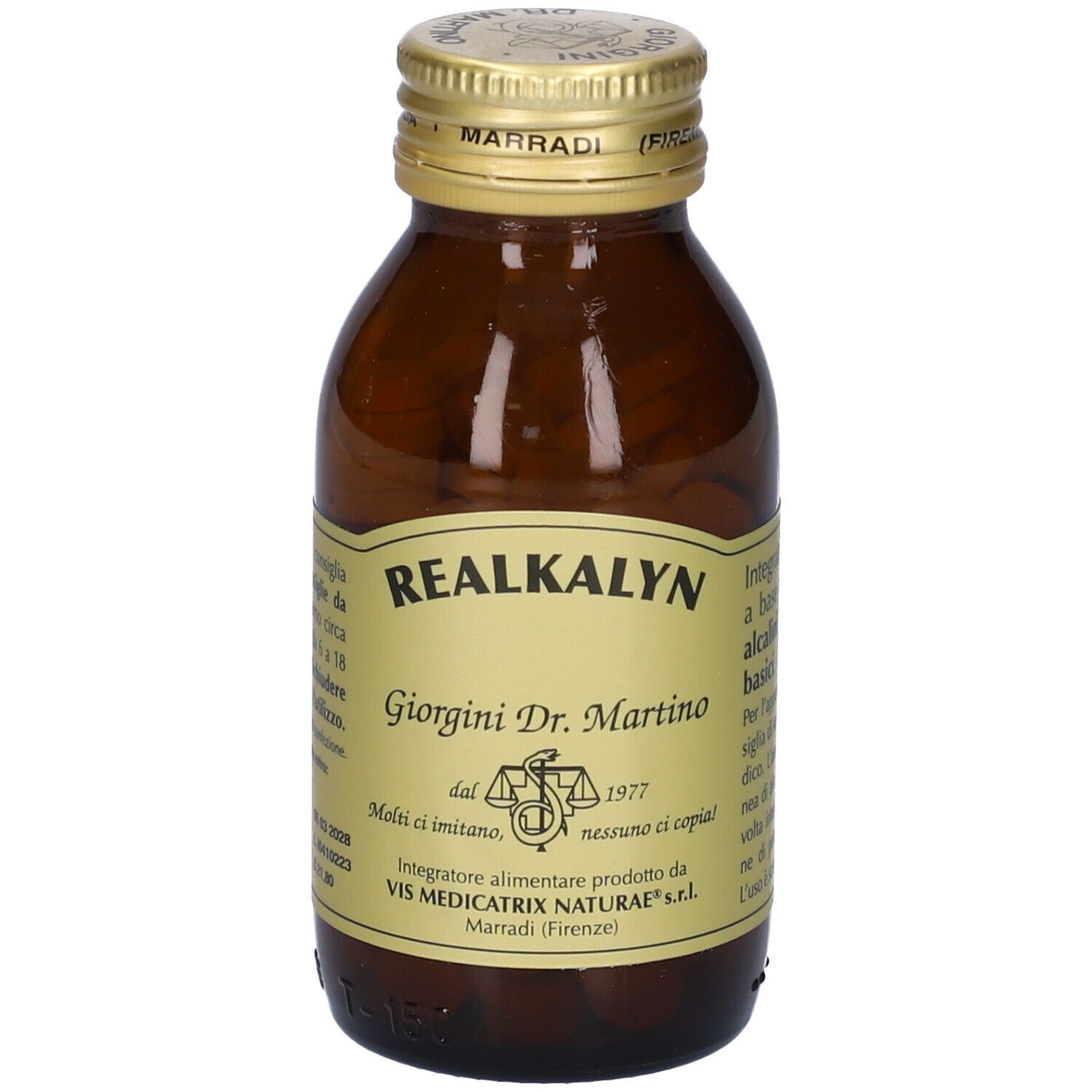 Bottiglia di vetro marrone con tappo dorato. Scritta: Realkalyn, Giorgini Dr. Martino. Etichetta con testo.