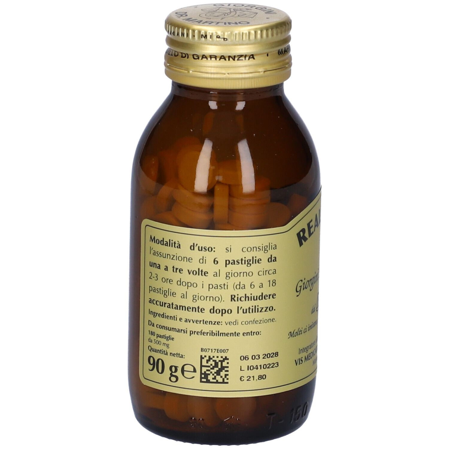 Bottiglia di vetro marrone con compresse. Scritta: Realkalyn, Giorgini Dr. Martino. Etichetta con testo.