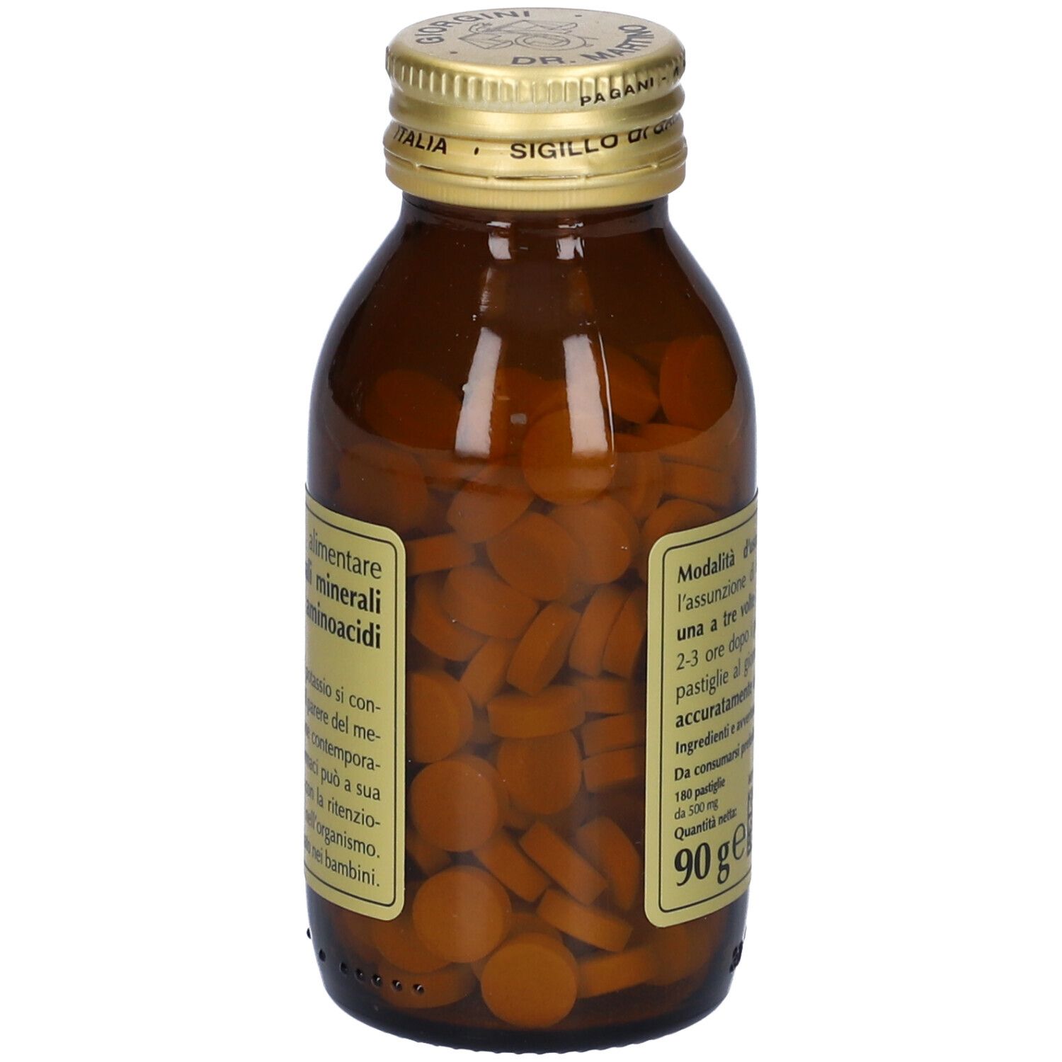 Bottiglia di vetro marrone con compresse. Scritta: Realkalyn, Giorgini Dr. Martino. Etichetta con testo.