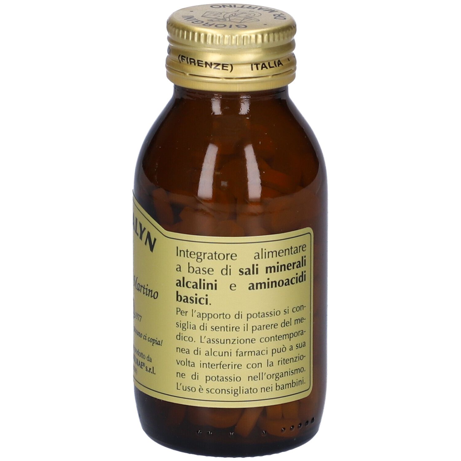 Bottiglia di vetro marrone con compresse. Scritta: Realkalyn, Giorgini Dr. Martino. Etichetta con testo.