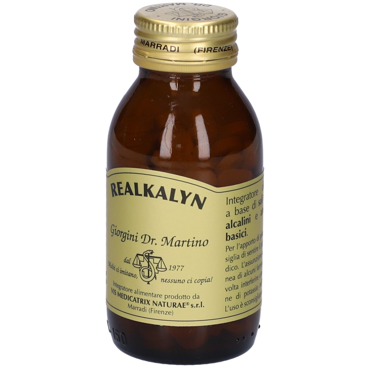 Bottiglia di vetro marrone con compresse. Scritta: Realkalyn, Giorgini Dr. Martino. Etichetta con testo.