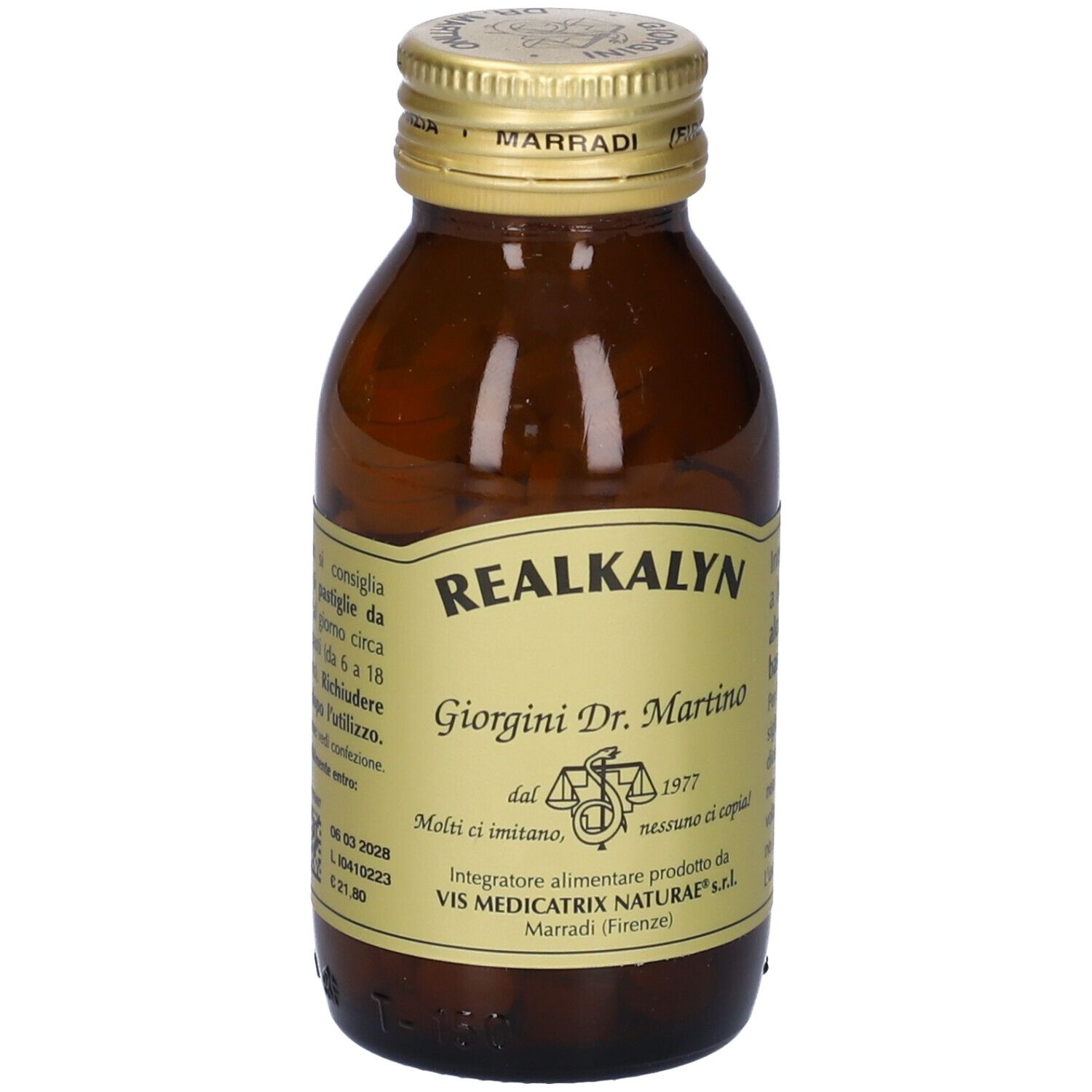 Bottiglia di vetro marrone con compresse. Scritta: Realkalyn, Giorgini Dr. Martino. Etichetta con testo.