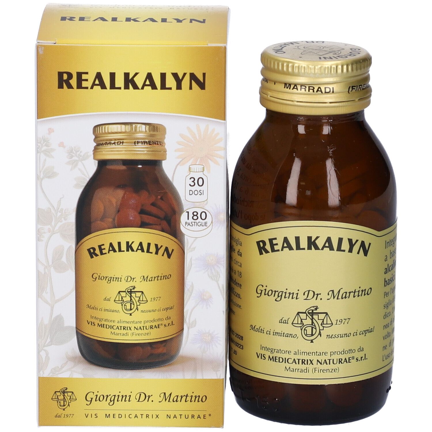 Bottiglia e scatola di vetro marrone con scritta del prodotto. Scritta: Realkalyn, Giorgini Dr. Martino. 180 Pastiglie.