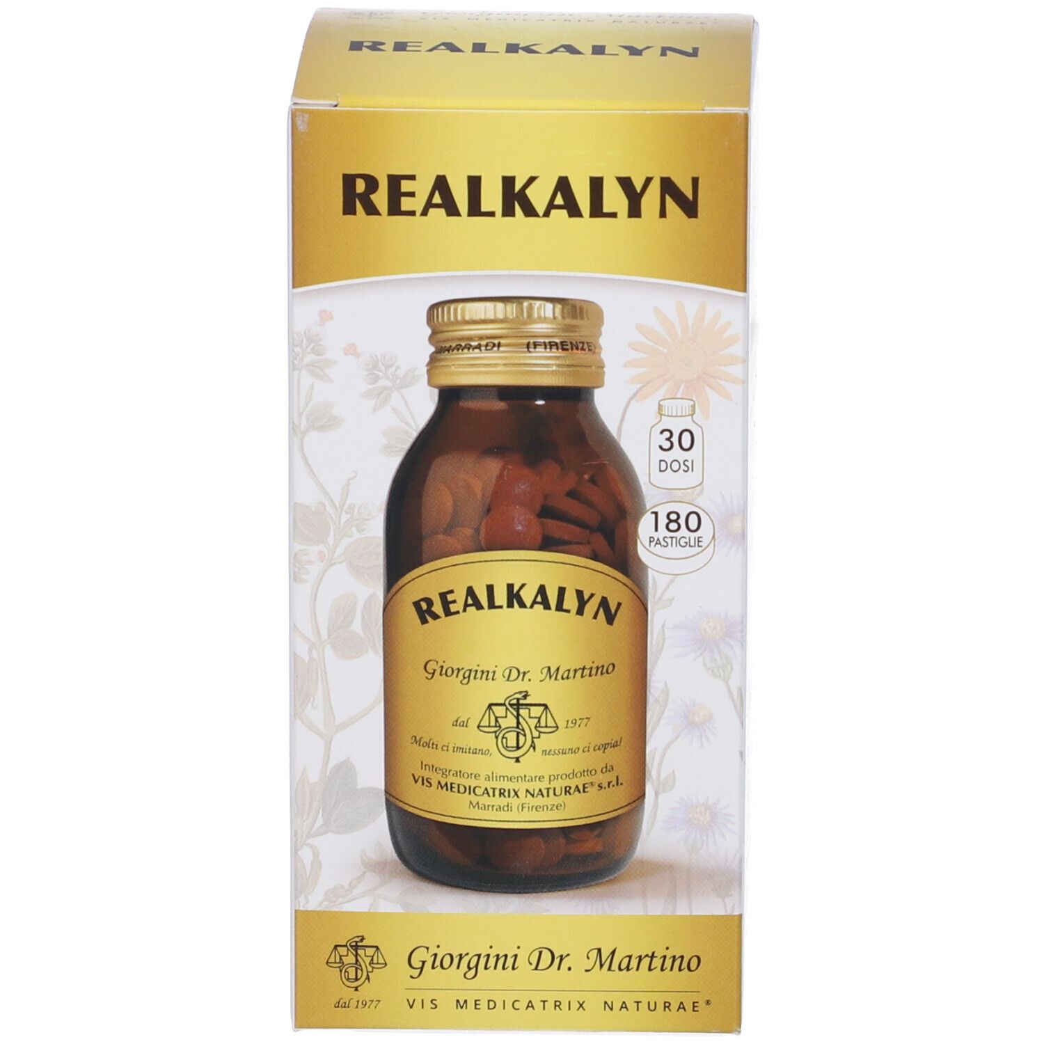 Scatola con scritta del prodotto. Scritta: Realkalyn, Giorgini Dr. Martino. 180 Pastiglie.