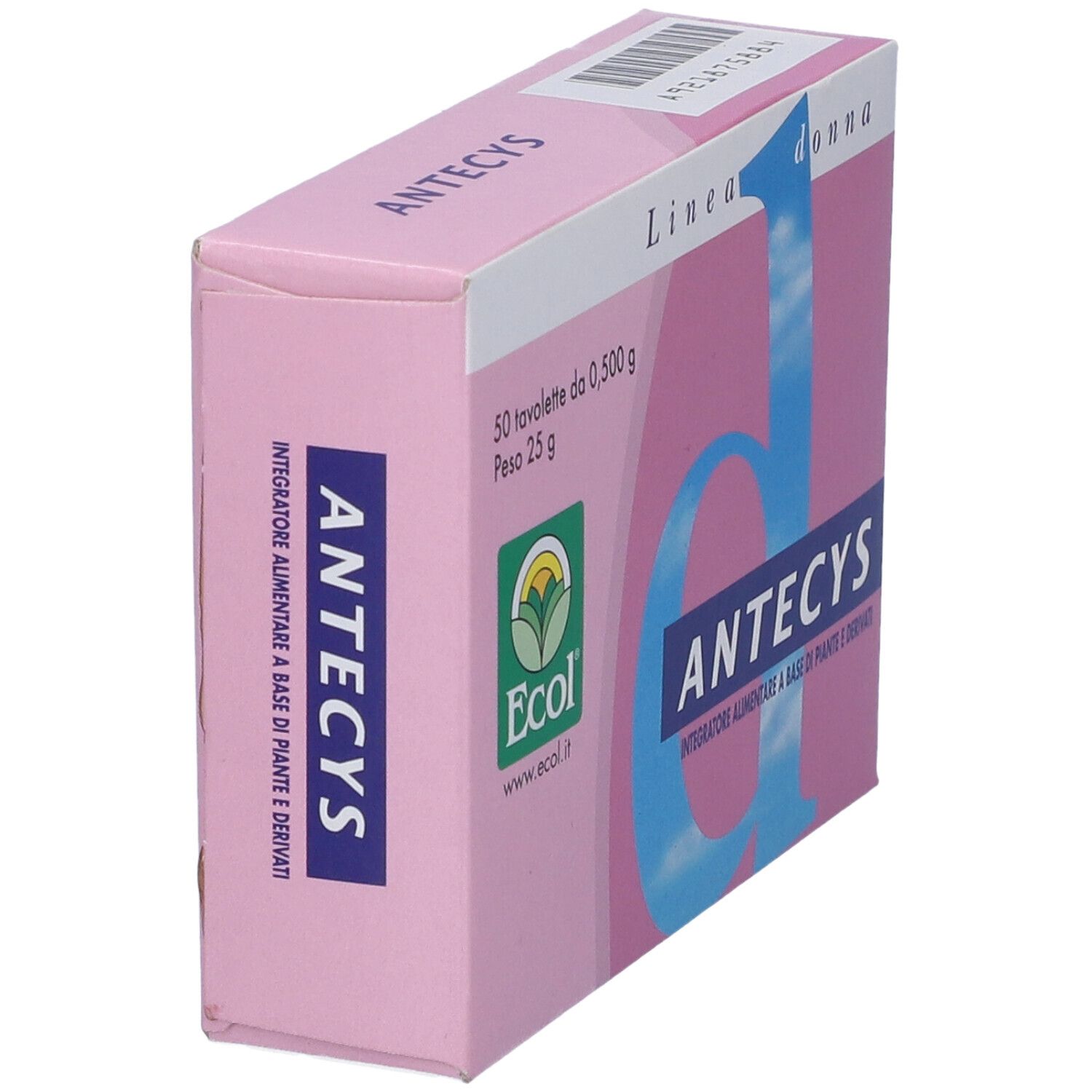 Scatola rosa 'ANTECYS'. Scritta 'Linea donna' e 'ANTECYS'. Logo Ecol.
