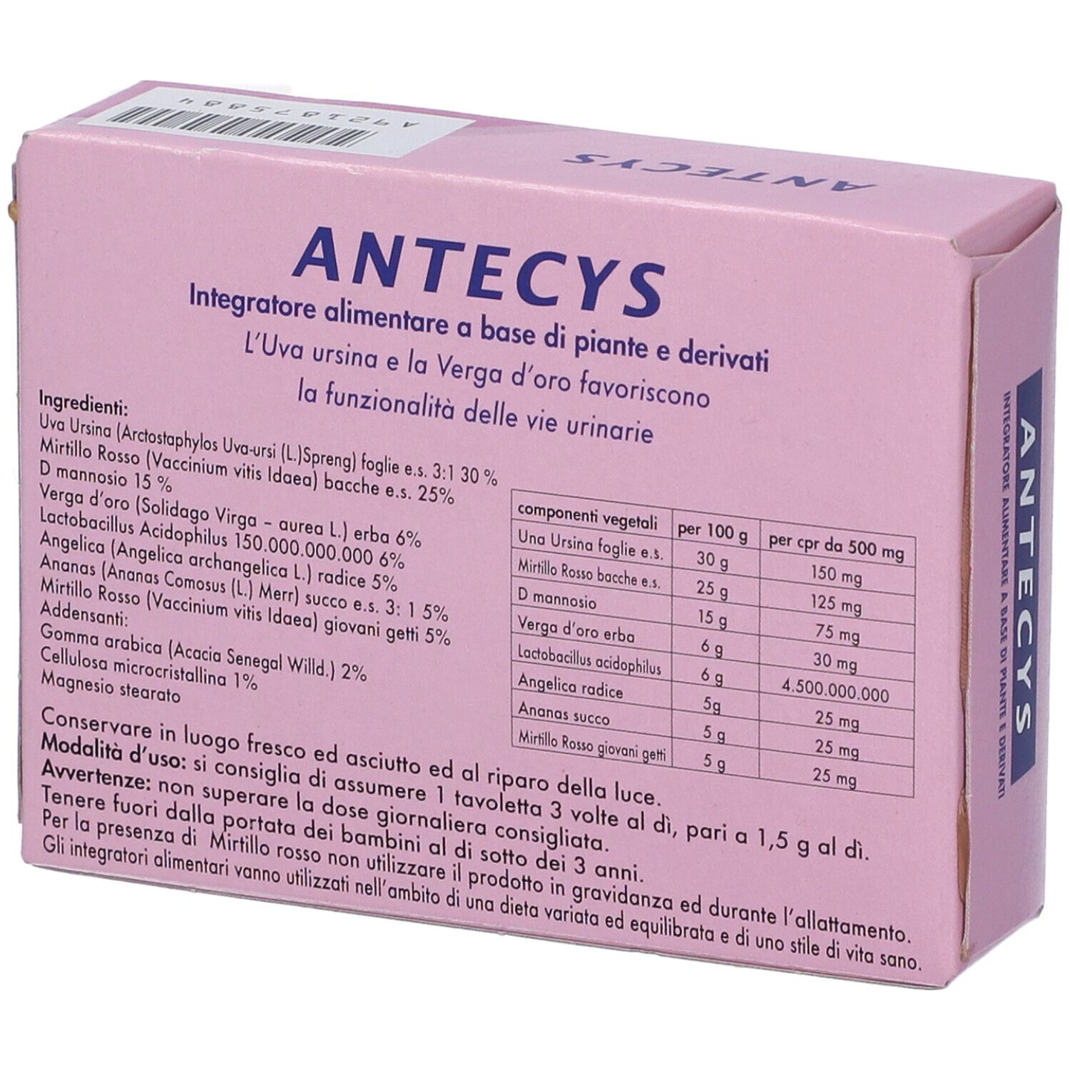 Retro scatola 'ANTECYS'. Ingredienti e informazioni nutrizionali in italiano.
