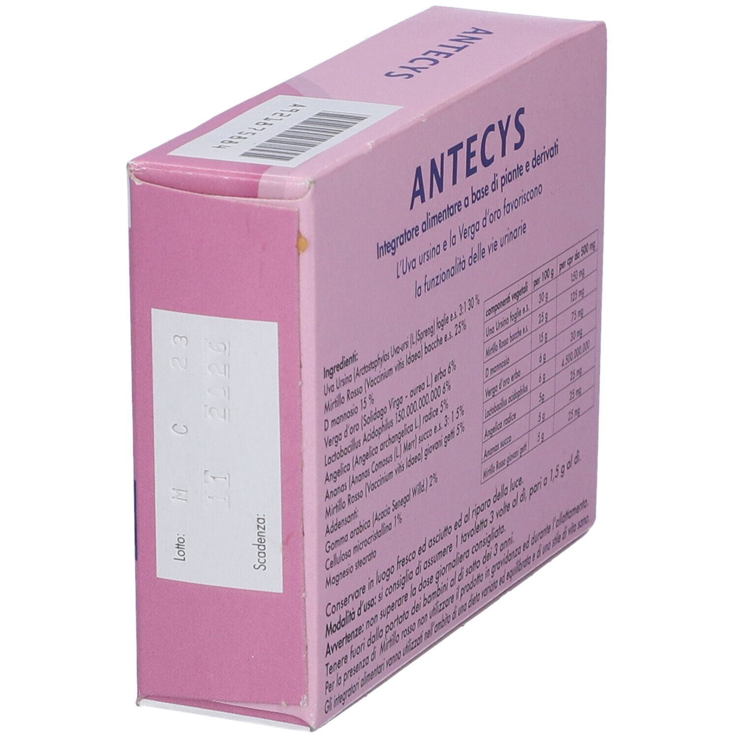 Scatola 'ANTECYS' con testo. Elenco ingredienti e data di scadenza. Sfondo rosa.