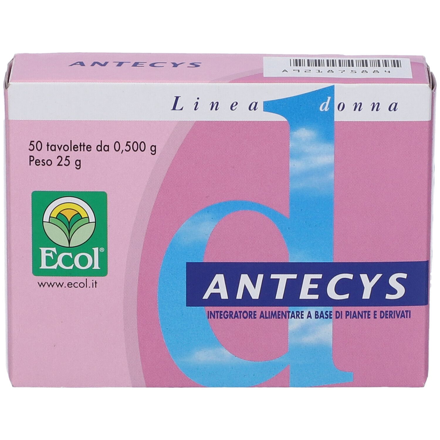 Scatola rosa 'ANTECYS' con 50 compresse. 'Linea donna' e logo Ecol.
