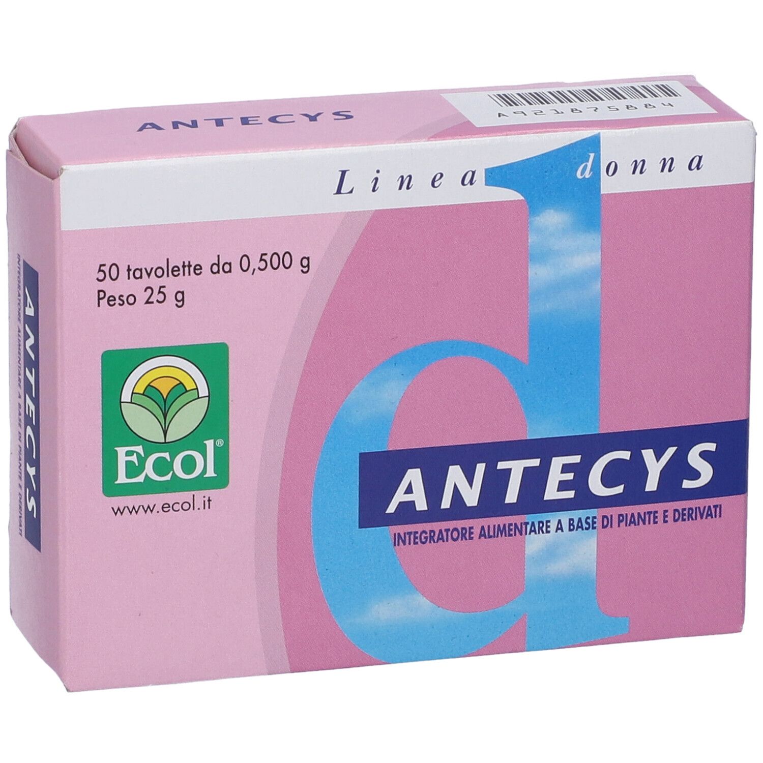 Scatola rosa 'ANTECYS' con 50 compresse. 'Linea donna' e logo Ecol.