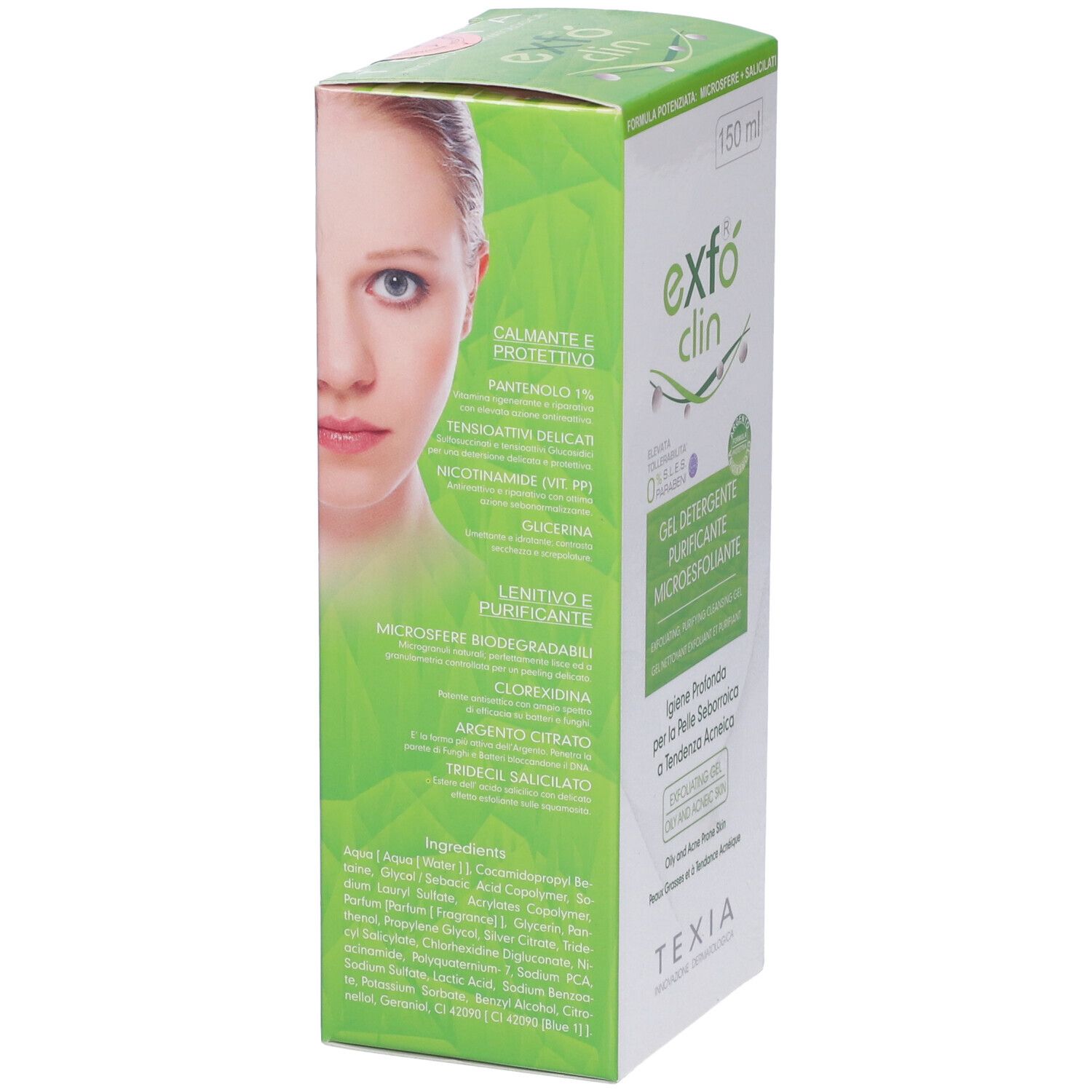 Vista laterale della confezione Exfo Clin Gel. Verde e bianca, informazioni e volto di donna.