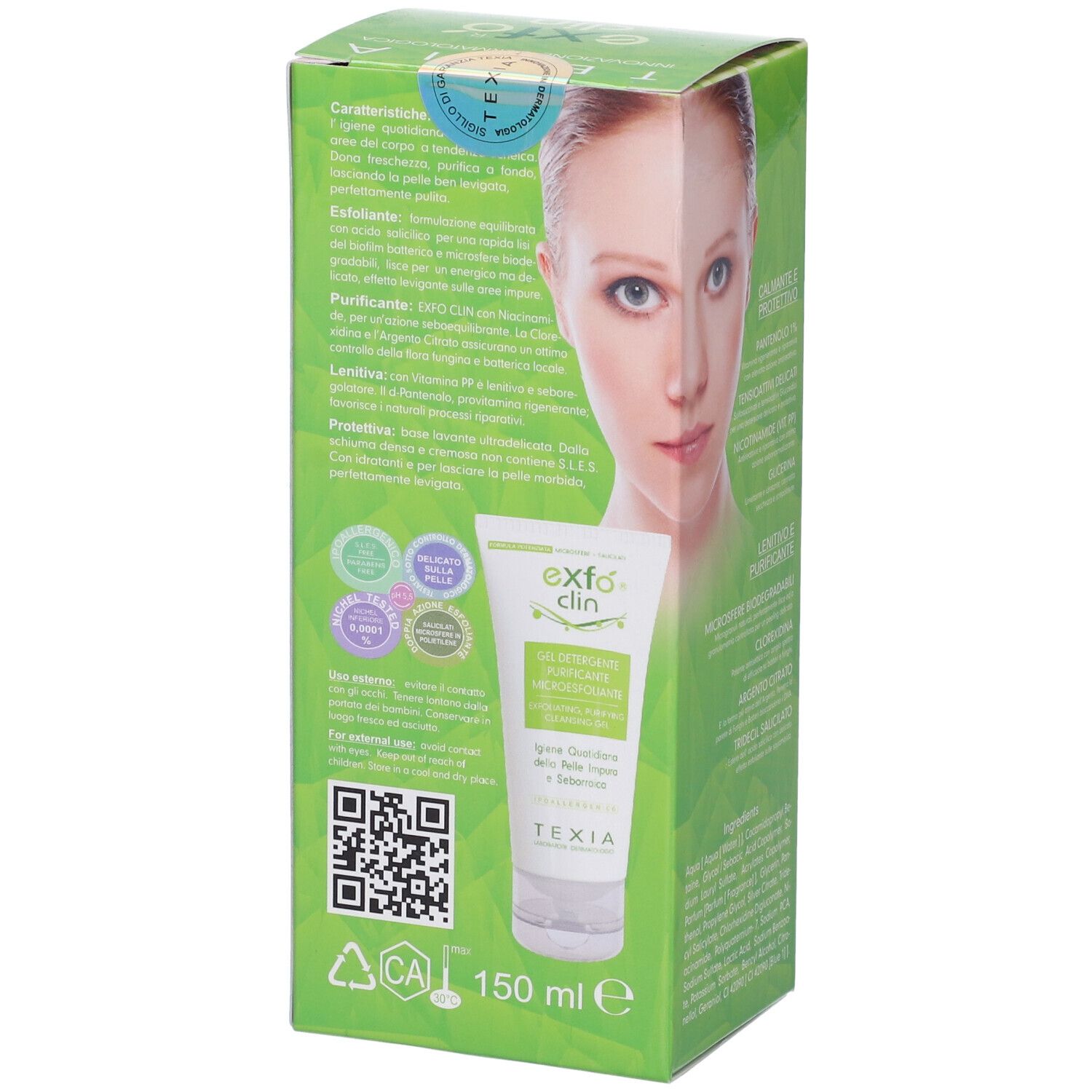 Retro della confezione Exfo Clin Gel. Verde e bianco, informazioni, QR code e volto.