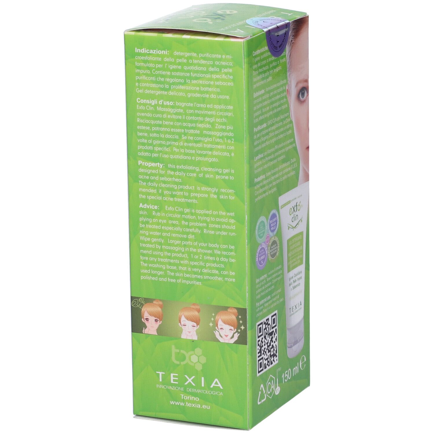 Vista laterale della confezione Exfo Clin Gel. Verde e bianco, informazioni, QR code e volto.