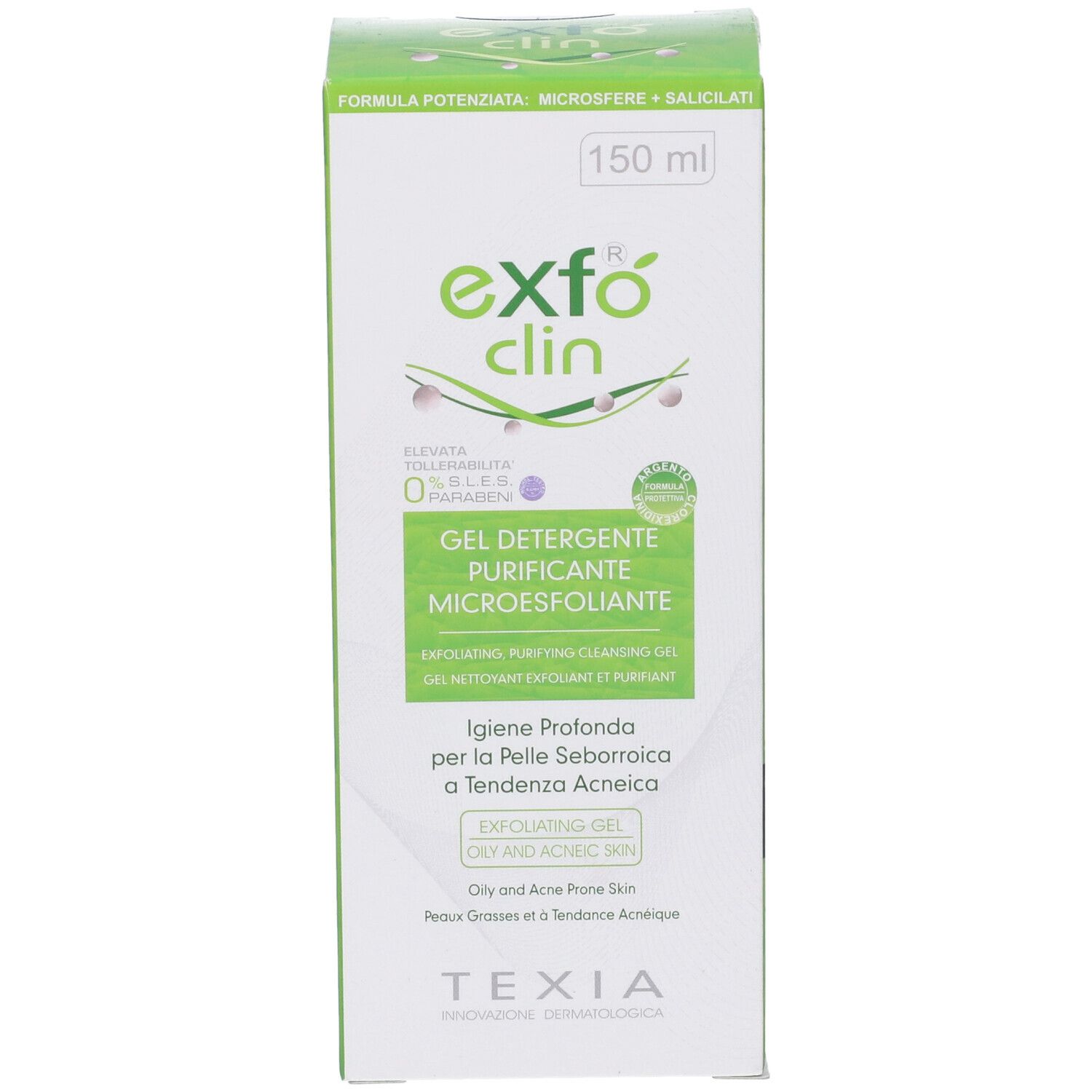 Confezione Exfo Clin Gel. Scatola bianca e verde, nome del prodotto e dettagli. 150 ml.