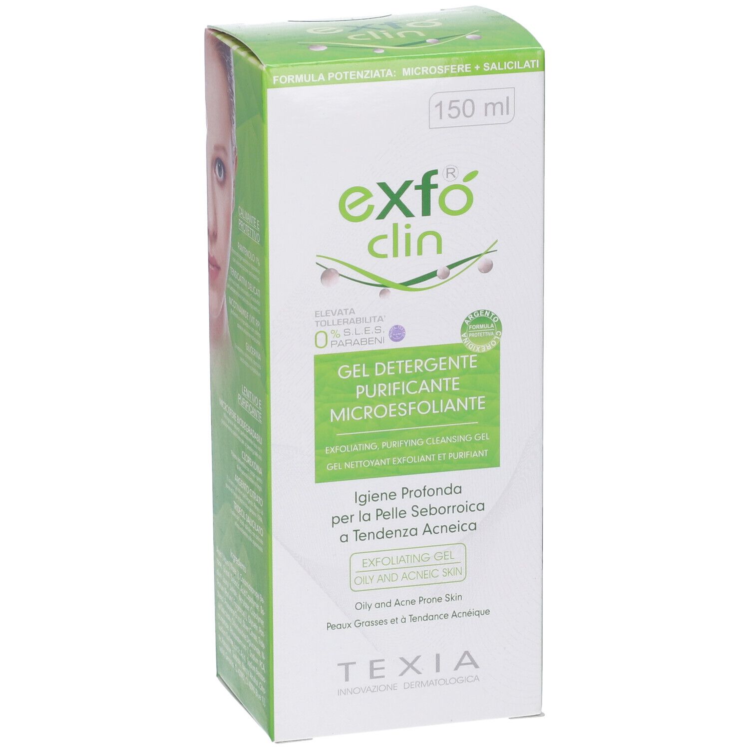 Confezione Exfo Clin Gel. Scatola bianca e verde, nome del prodotto e dettagli. 150 ml.