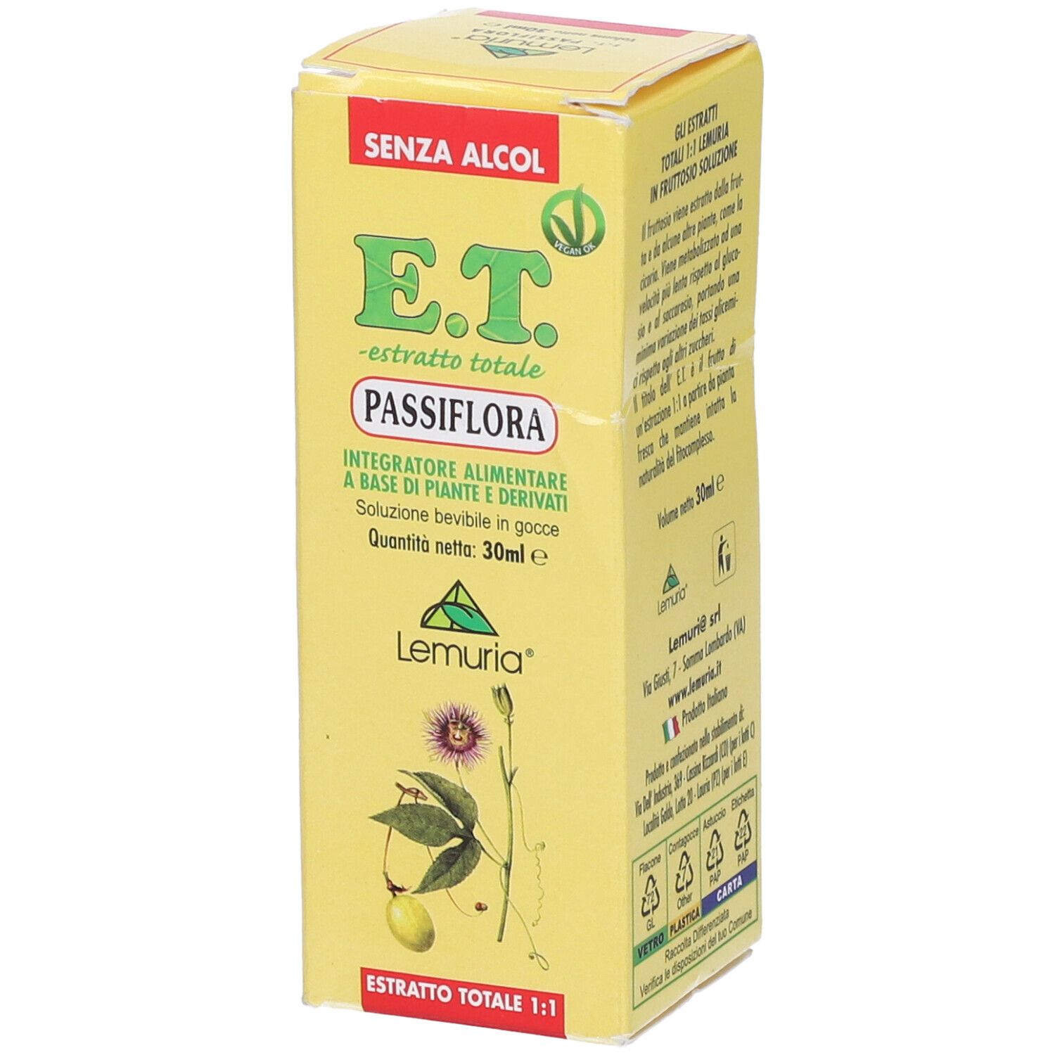 Scatola gialla con nome prodotto E.T. Passiflora. Contiene 30ml. Con logo e testo in italiano.