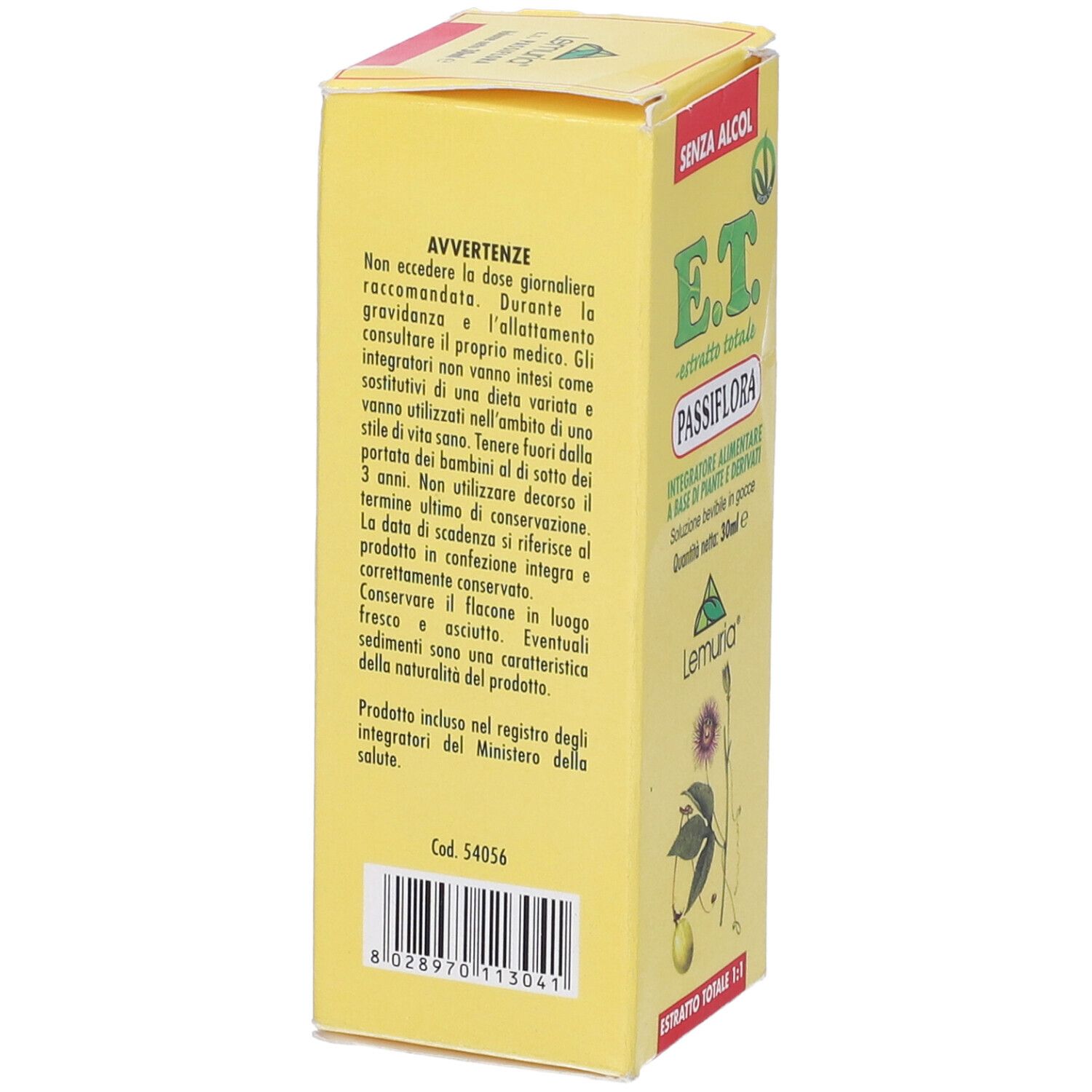 Scatola gialla con nome prodotto E.T. Passiflora. Contiene 30ml. Con logo e testo in italiano.