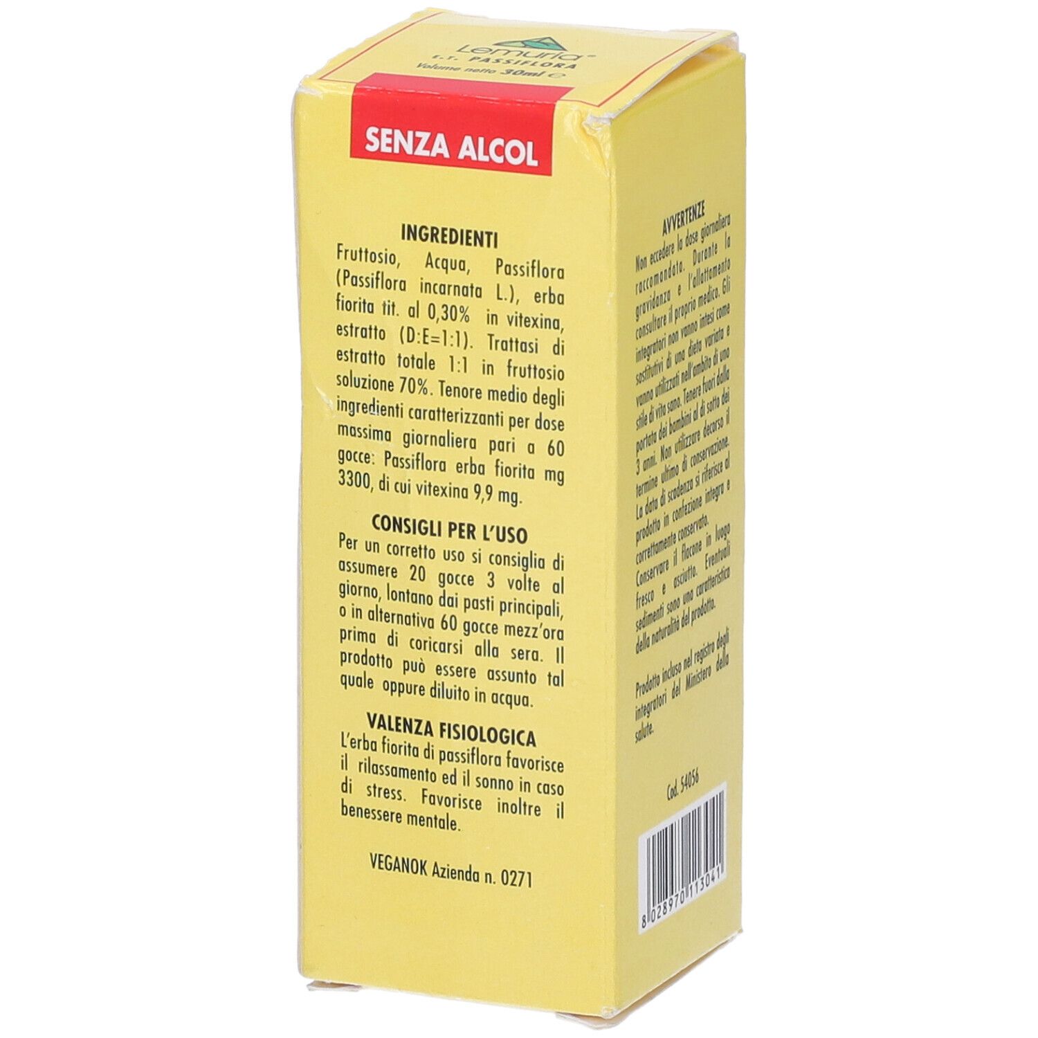 Scatola gialla con nome prodotto E.T. Passiflora. Contiene 30ml. Con logo e testo in italiano.