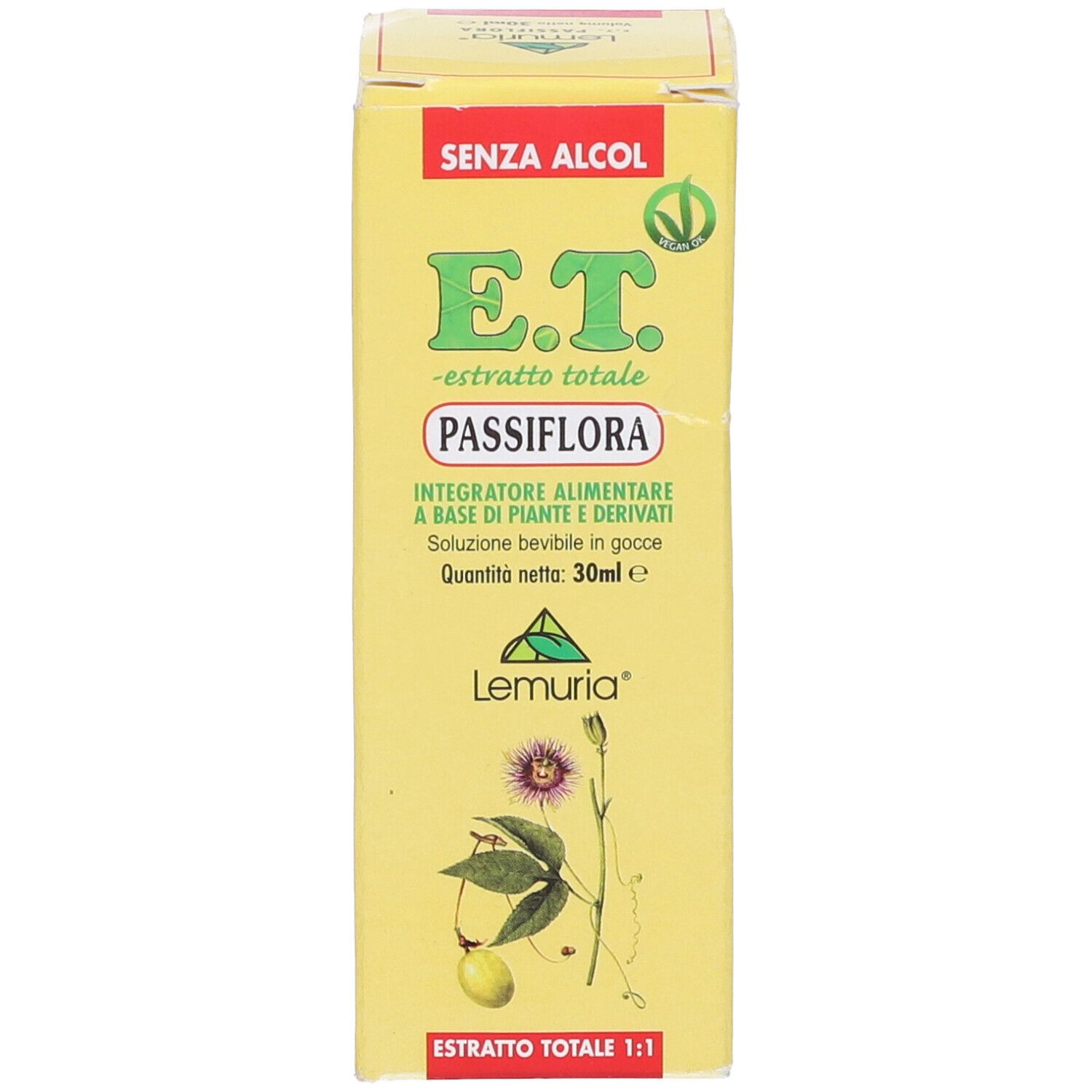 Scatola gialla con nome prodotto E.T. Passiflora. Contiene 30ml. Con logo e testo in italiano.