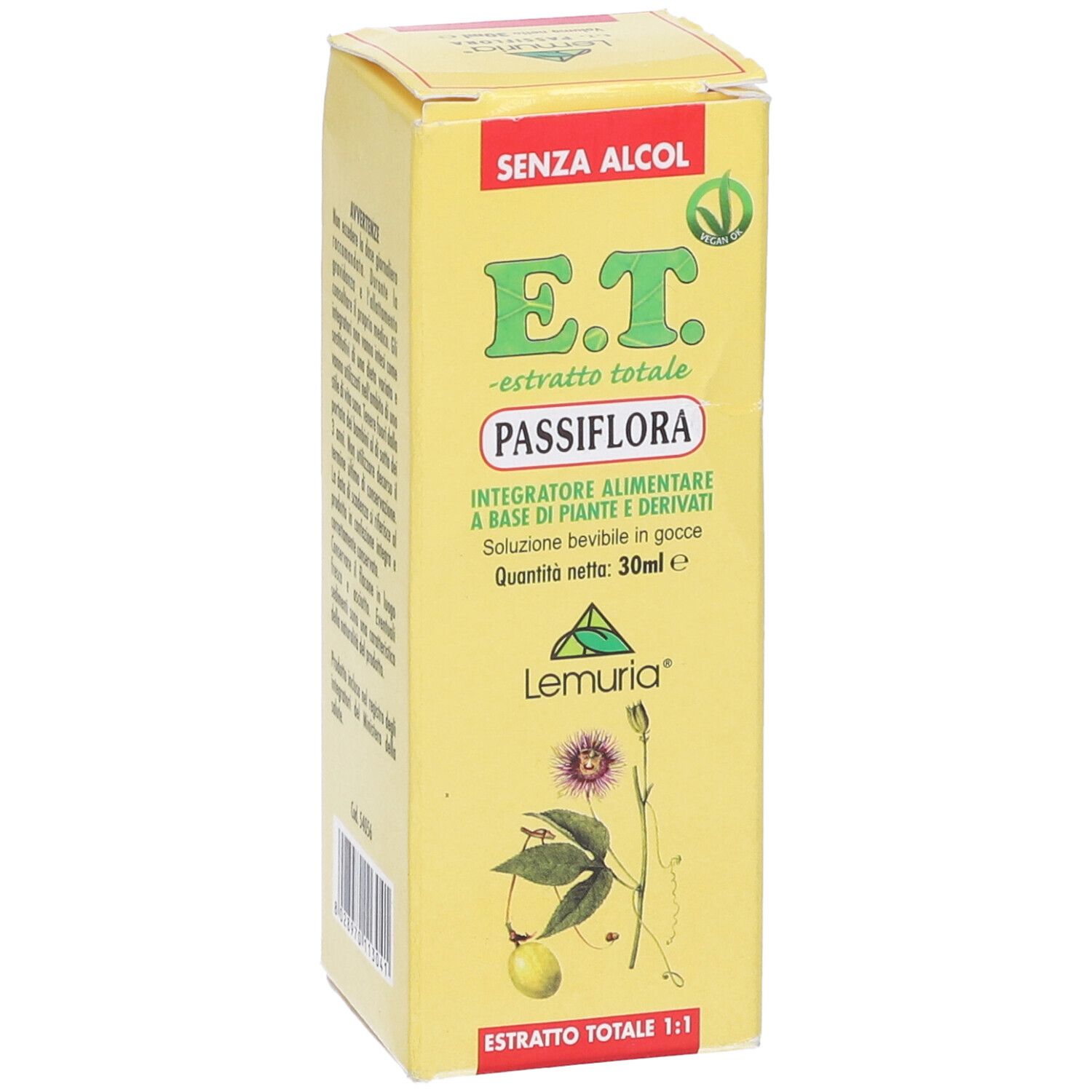 Scatola gialla con nome prodotto E.T. Passiflora. Contiene 30ml. Con logo e testo in italiano.