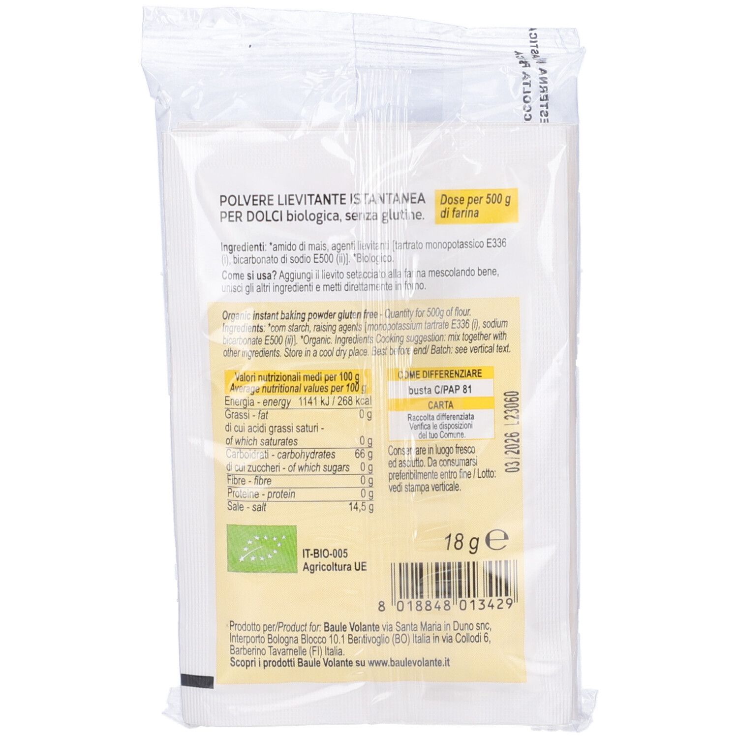 Retro della confezione di lievito. Elenco ingredienti, valori nutrizionali, marchio bio e peso.