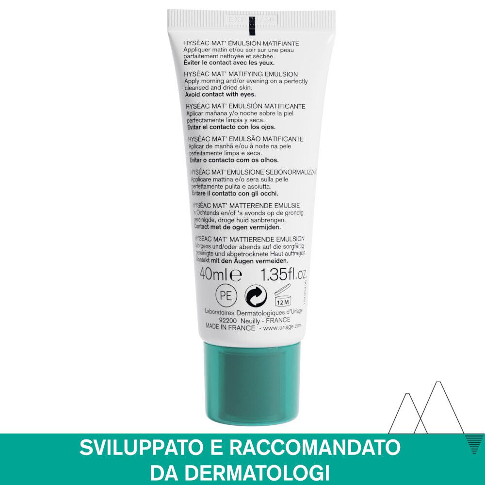 Retro del tubo. Testo multilingue: istruzioni per l'uso, ingredienti, indirizzo del produttore, 40ml, 1.35fl.oz.