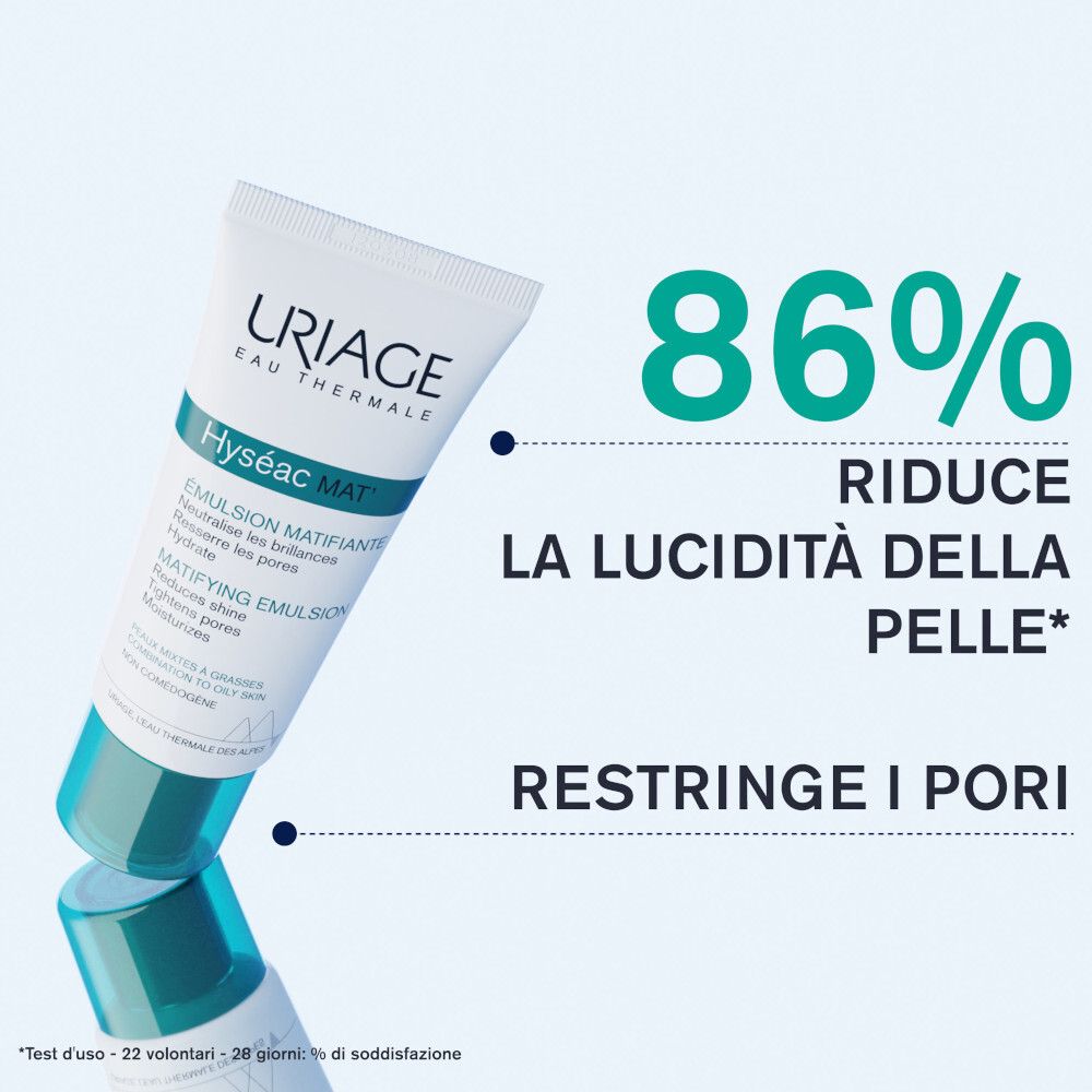 Tubo e testo. Testo: 86% riduce la lucidità della pelle, restringe i pori. URIAGE, Hyséac MAT.