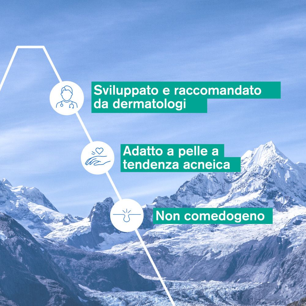 Grafico con testo. Testo: Sviluppato e raccomandato da dermatologi, adatto a pelli a tendenza acneica, non comedogeno.