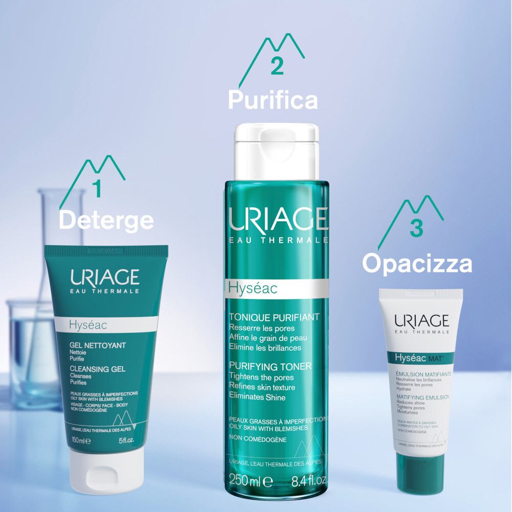 Tre prodotti affiancati. Testo: Deterge, purifica, opacizza. URIAGE, Hyséac.