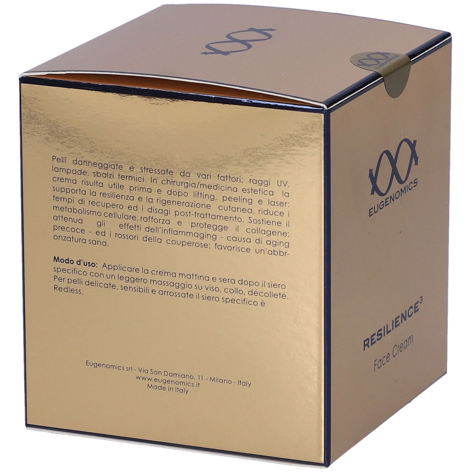 Scatola dorata, retro con testo. Marchio: Eugenomics. Prodotto: RESILIENCE3 Face Cream.