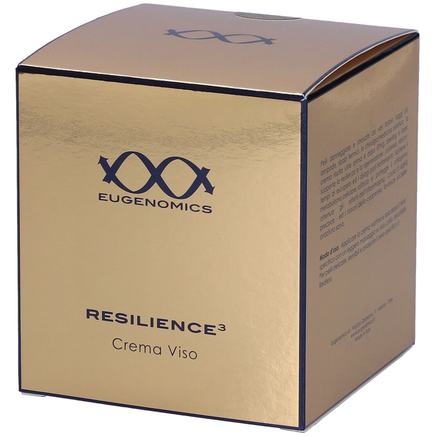 Scatola dorata con logo e scritta RESILIENCE3 Crema Viso. Marchio: Eugenomics.