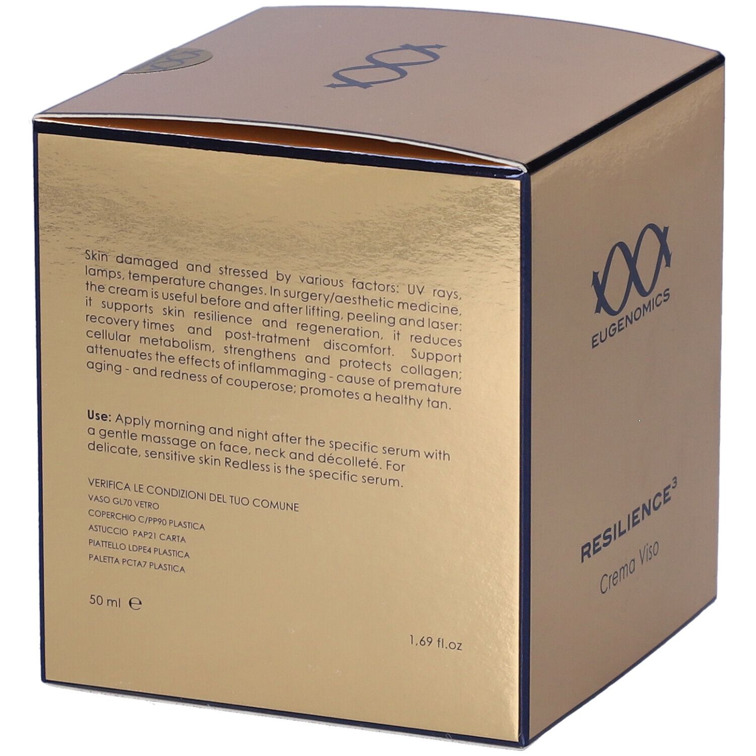 Scatola dorata, retro con testo. Marchio: Eugenomics. Prodotto: RESILIENCE3 Crema Viso.