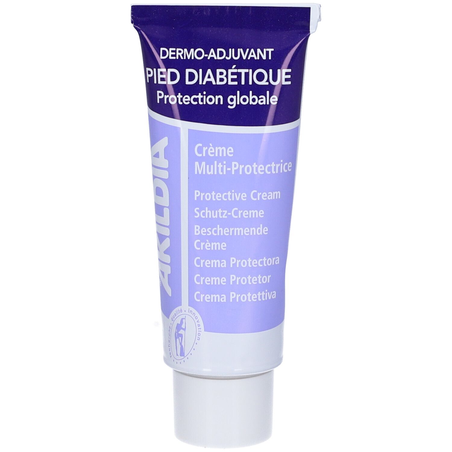 Tubo di crema. Scritta: Akildia, Crème Multi-Protectrice. Per piedi diabetici.