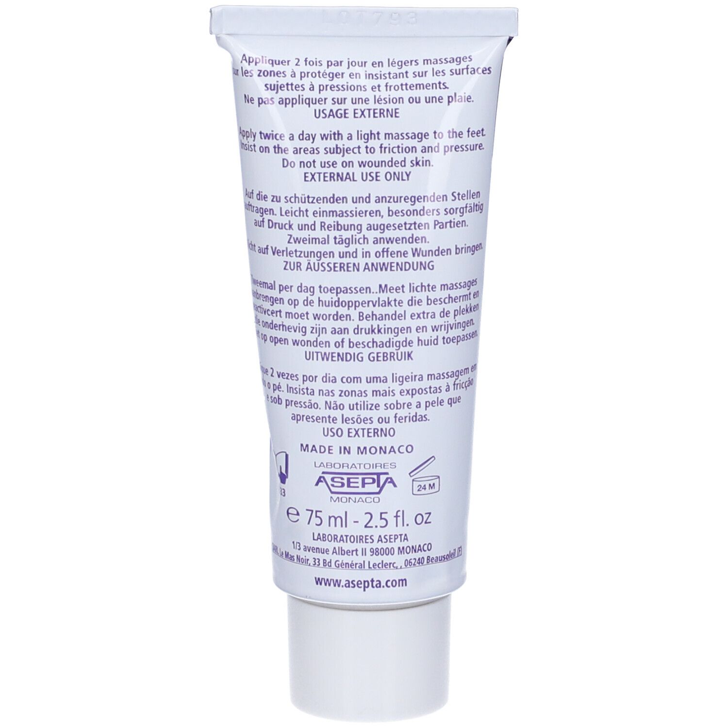 Retro del tubo di crema. Testo: istruzioni per l'uso, ingredienti, informazioni sul produttore.