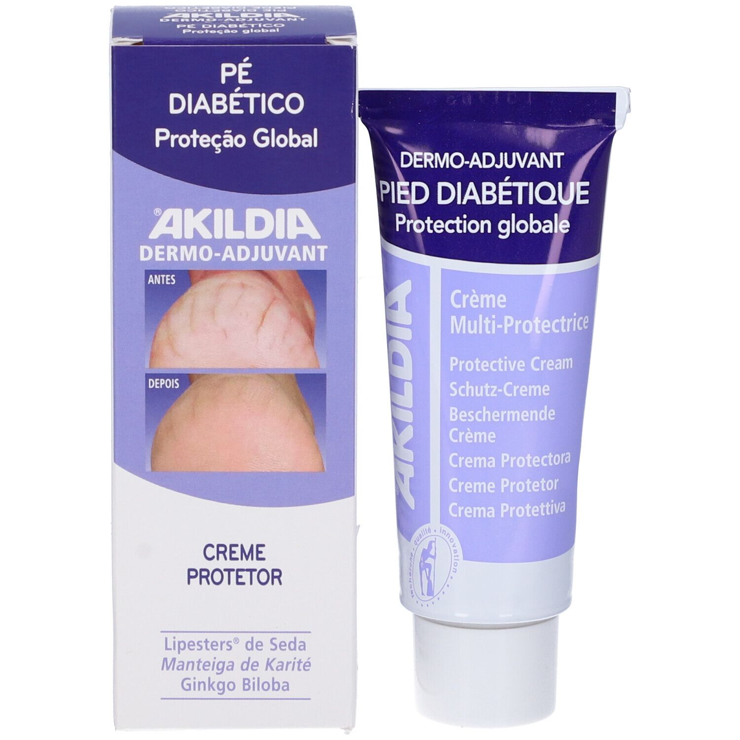 Scatola e tubo di crema. Scritta: Akildia, Crème Protectrice. Per piedi diabetici.