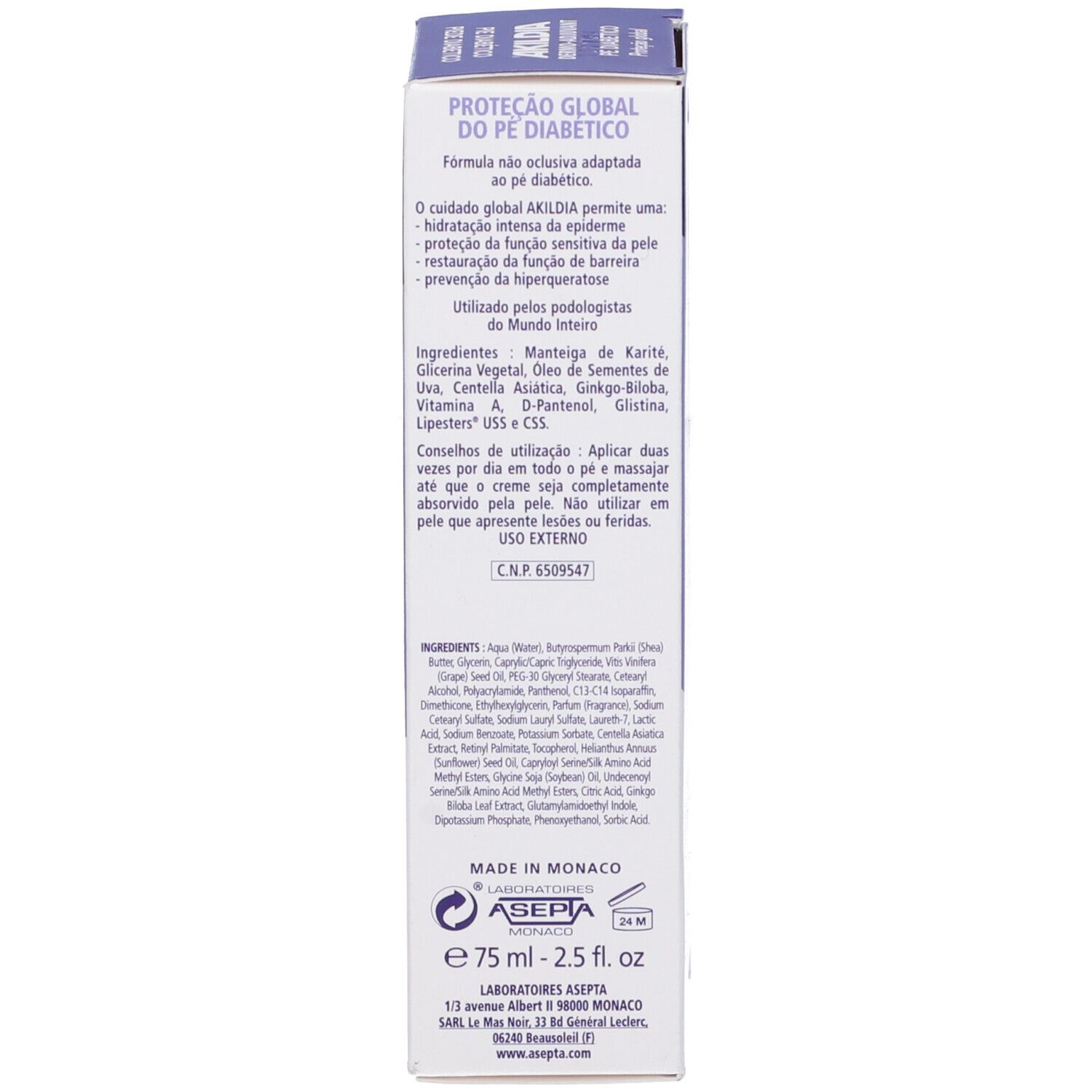Scatola di crema. Testo: ingredienti, istruzioni per l'uso, informazioni sul produttore.