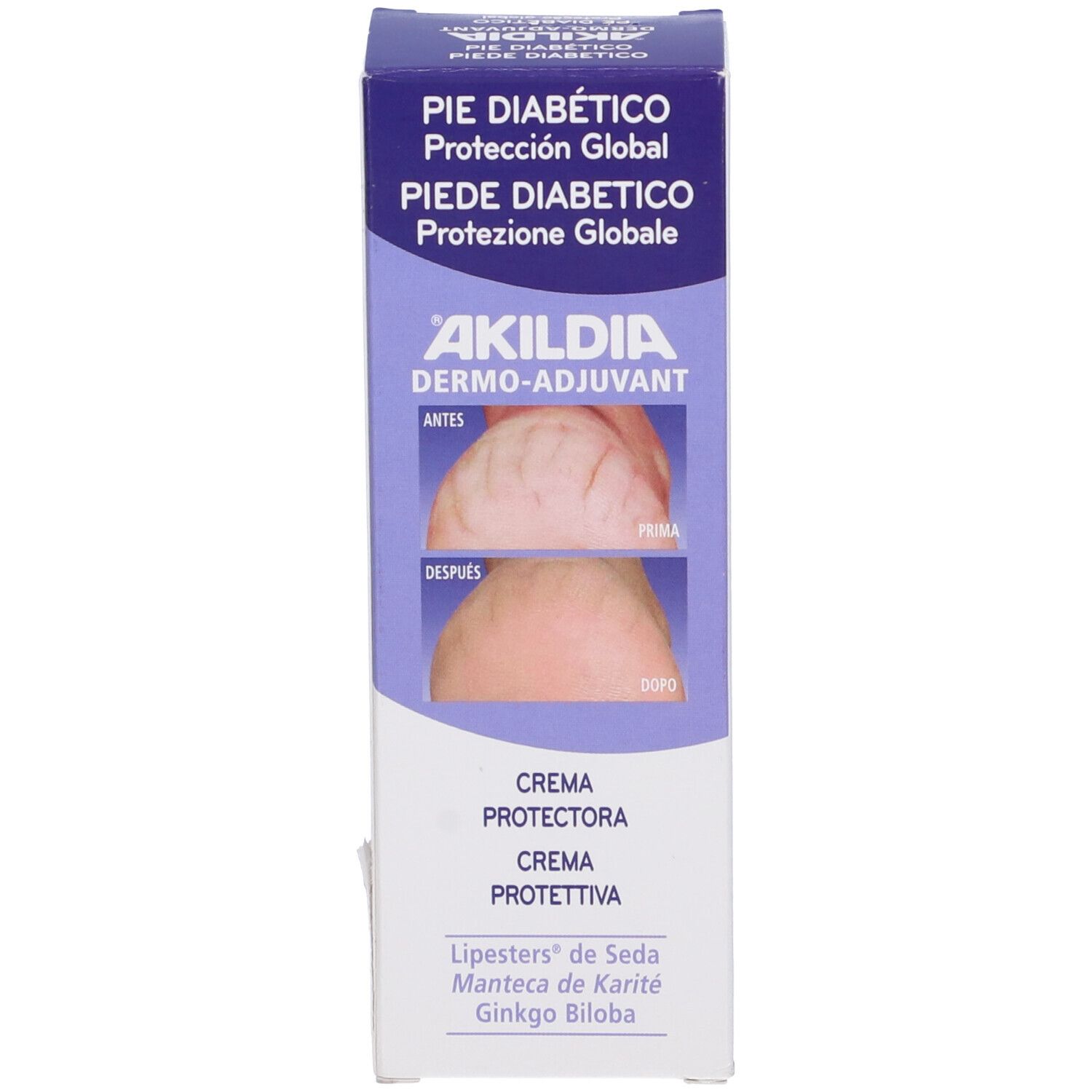 Scatola di crema. Scritta: Akildia, Crème Protectrice. Per piedi diabetici.