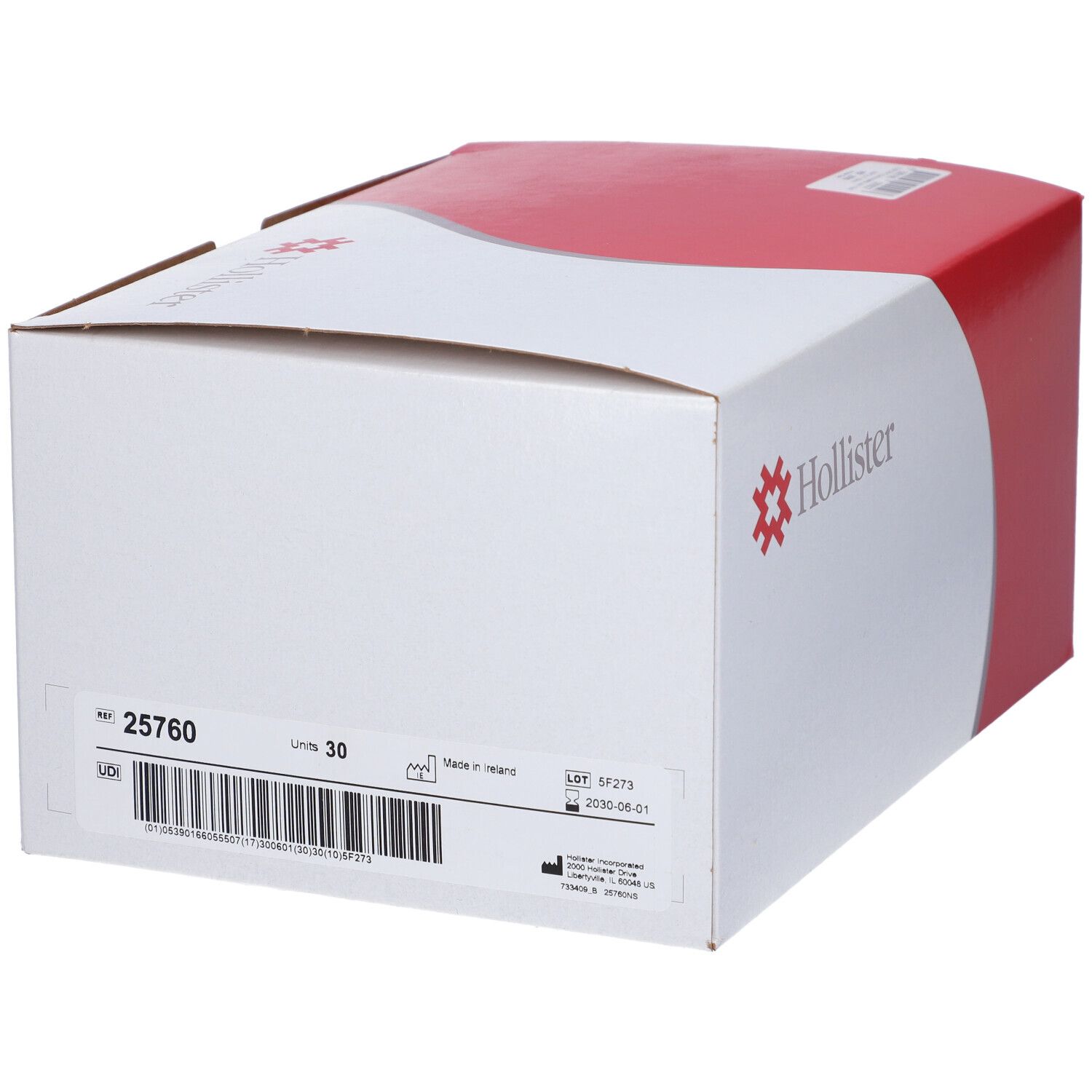 Confezione bianca e rossa. "Hollister" con logo. Informazioni come "Units 30" visibili.