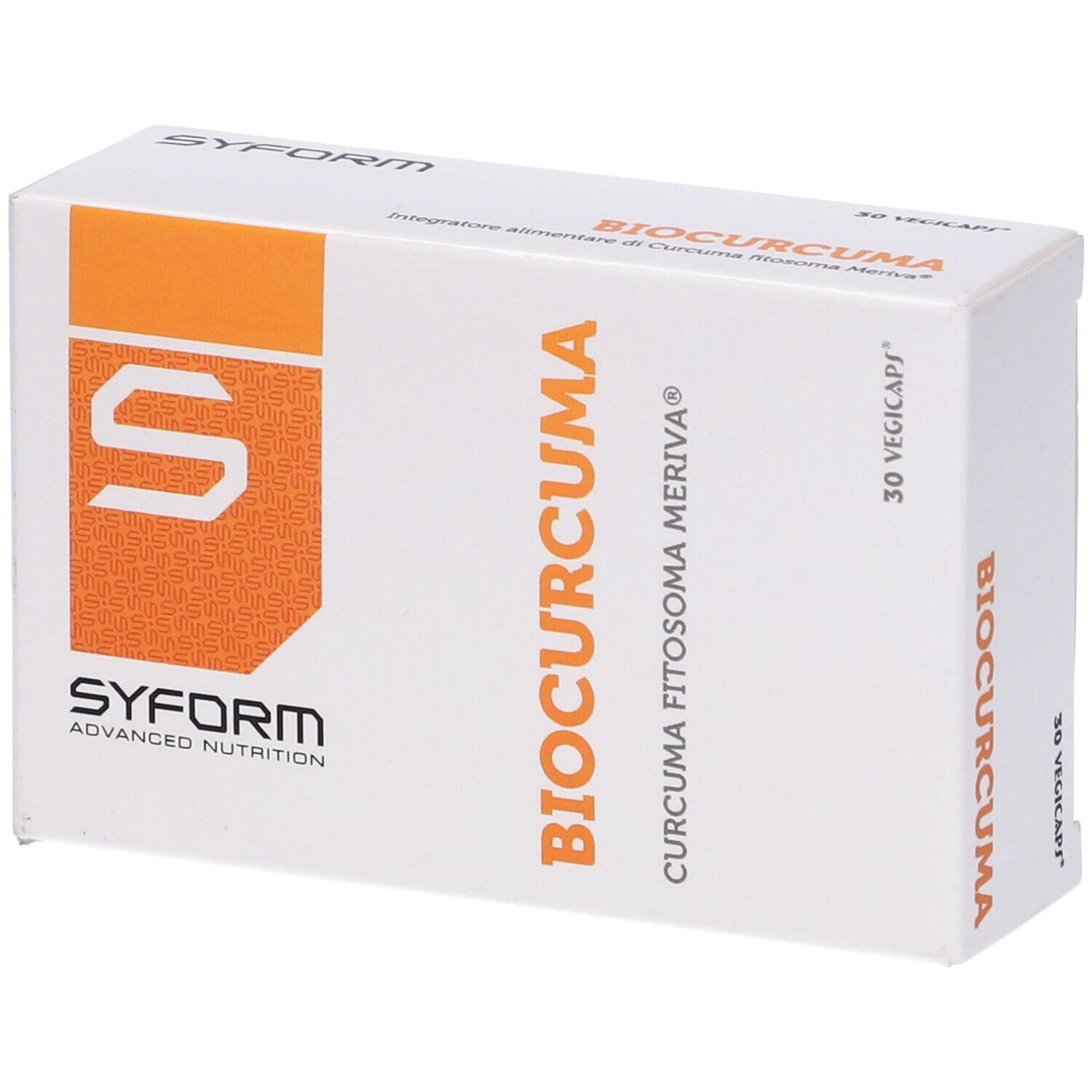 Scatola bianca con accento arancione. Scritta: Biocurcuma, 30 Vegicaps. Marchio: Syform.