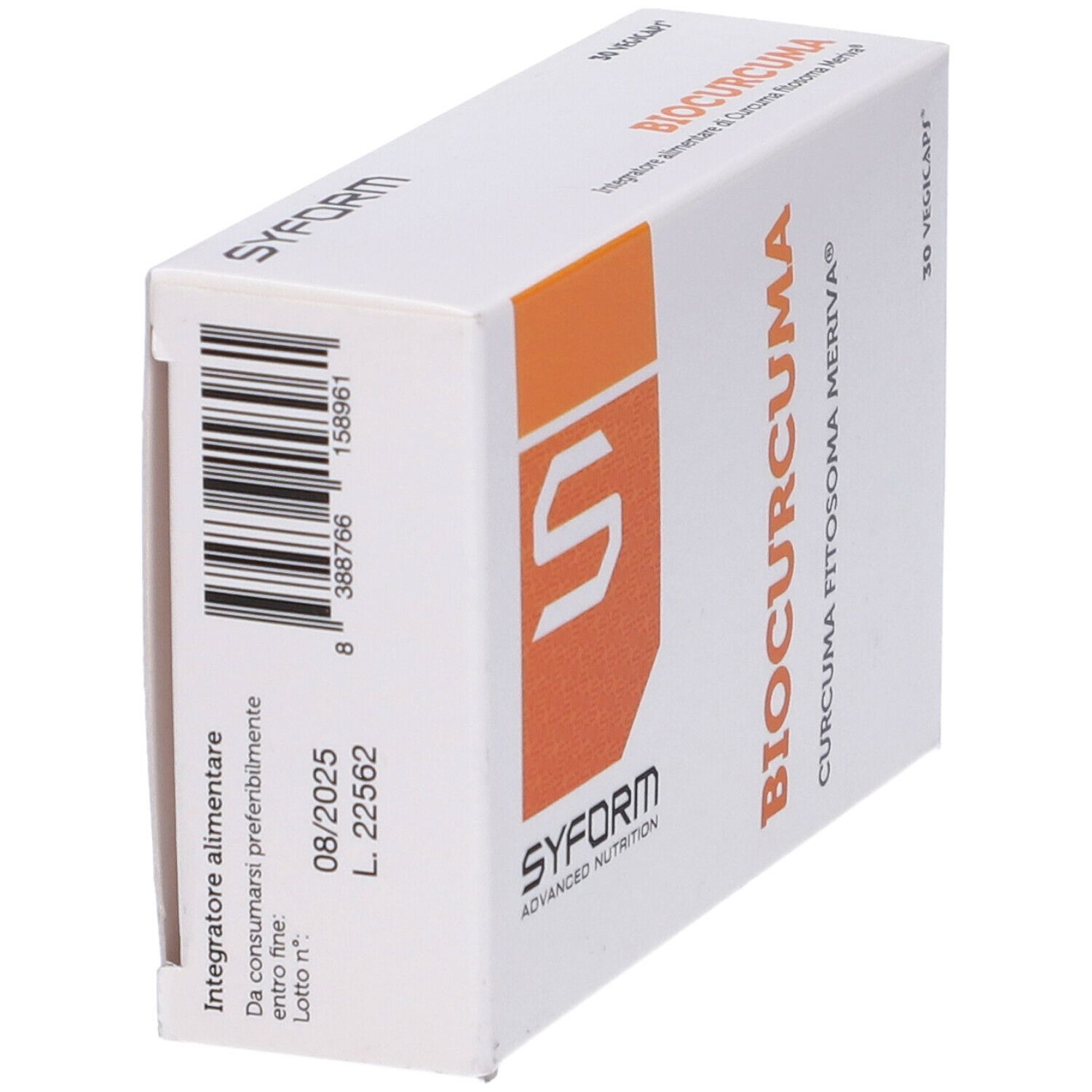 Scatola bianca con accento arancione. Scritta: Biocurcuma, 30 Vegicaps. Marchio: Syform.