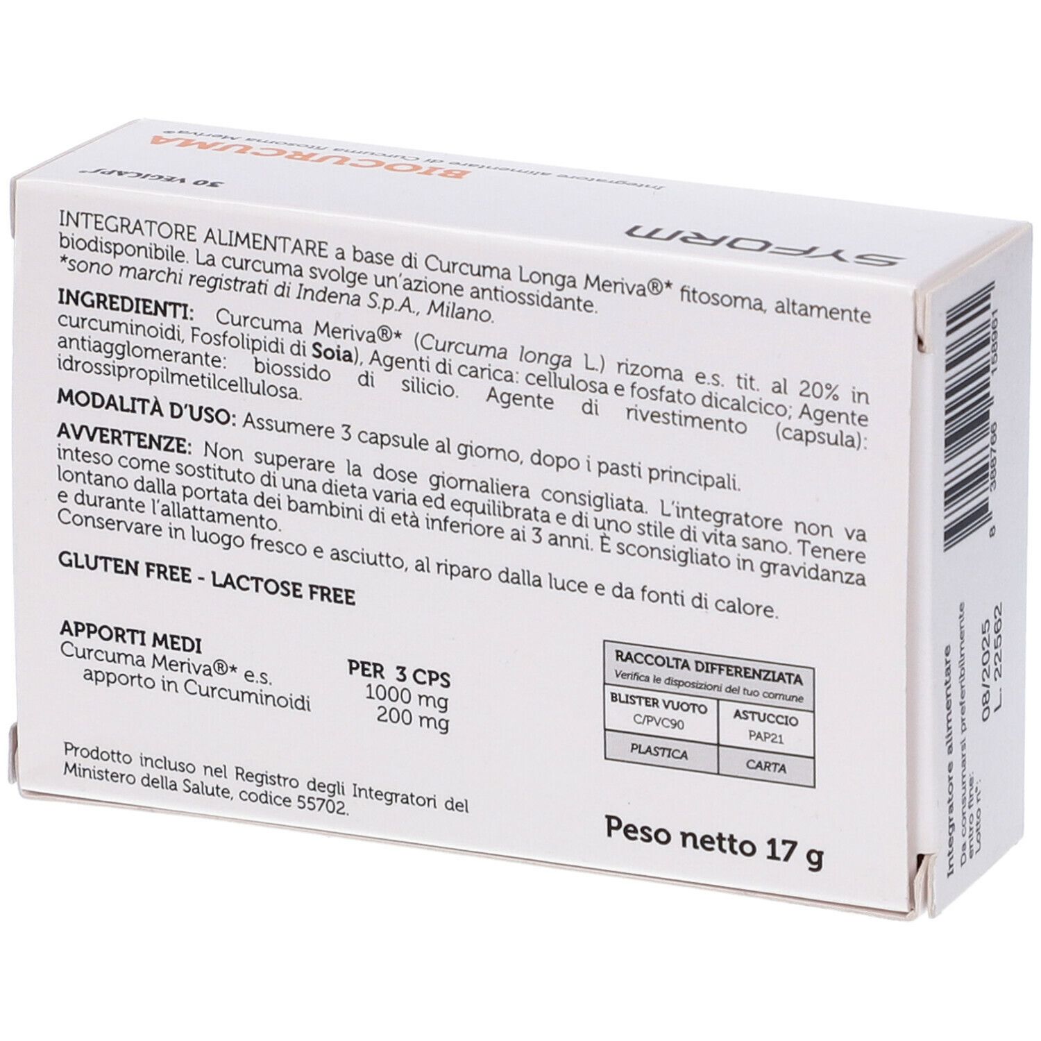 Retro della scatola bianca. Testo: ingredienti, istruzioni per l'uso, senza glutine, senza lattosio. Peso: 17g.