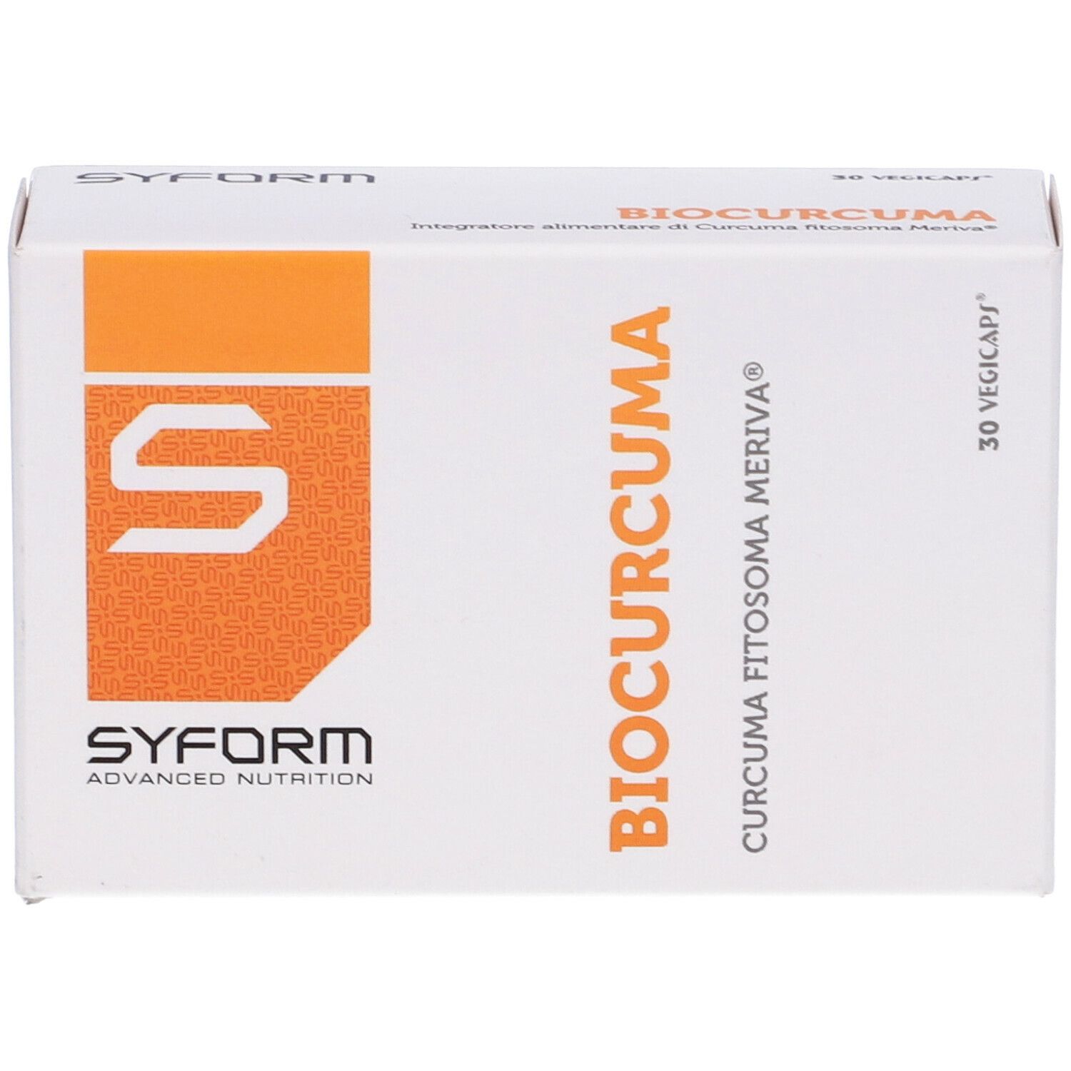 Scatola bianca con accento arancione. Scritta: Biocurcuma, 30 Vegicaps. Marchio: Syform.