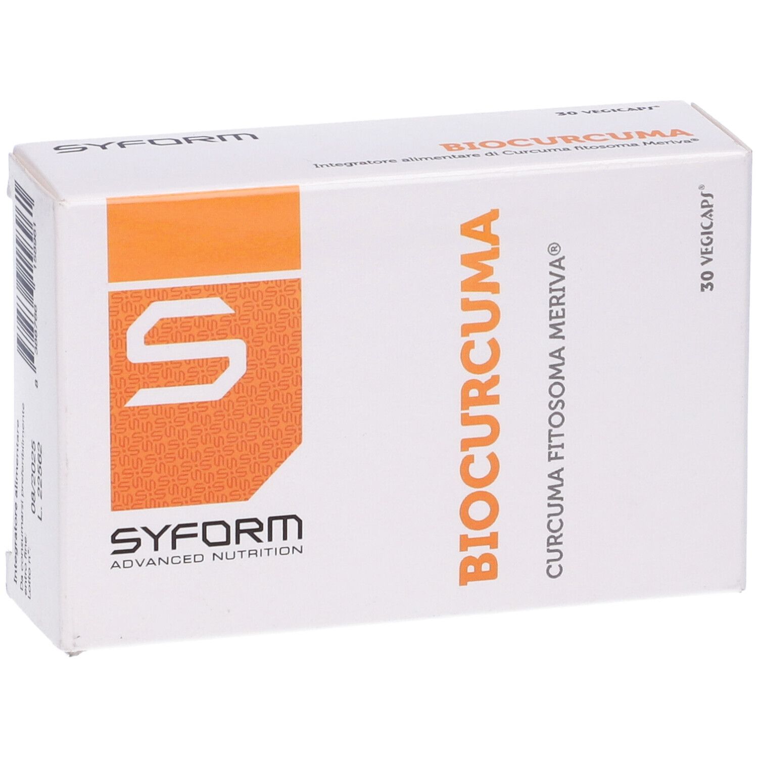 Scatola bianca con accento arancione. Scritta: Biocurcuma, 30 Vegicaps. Marchio: Syform.
