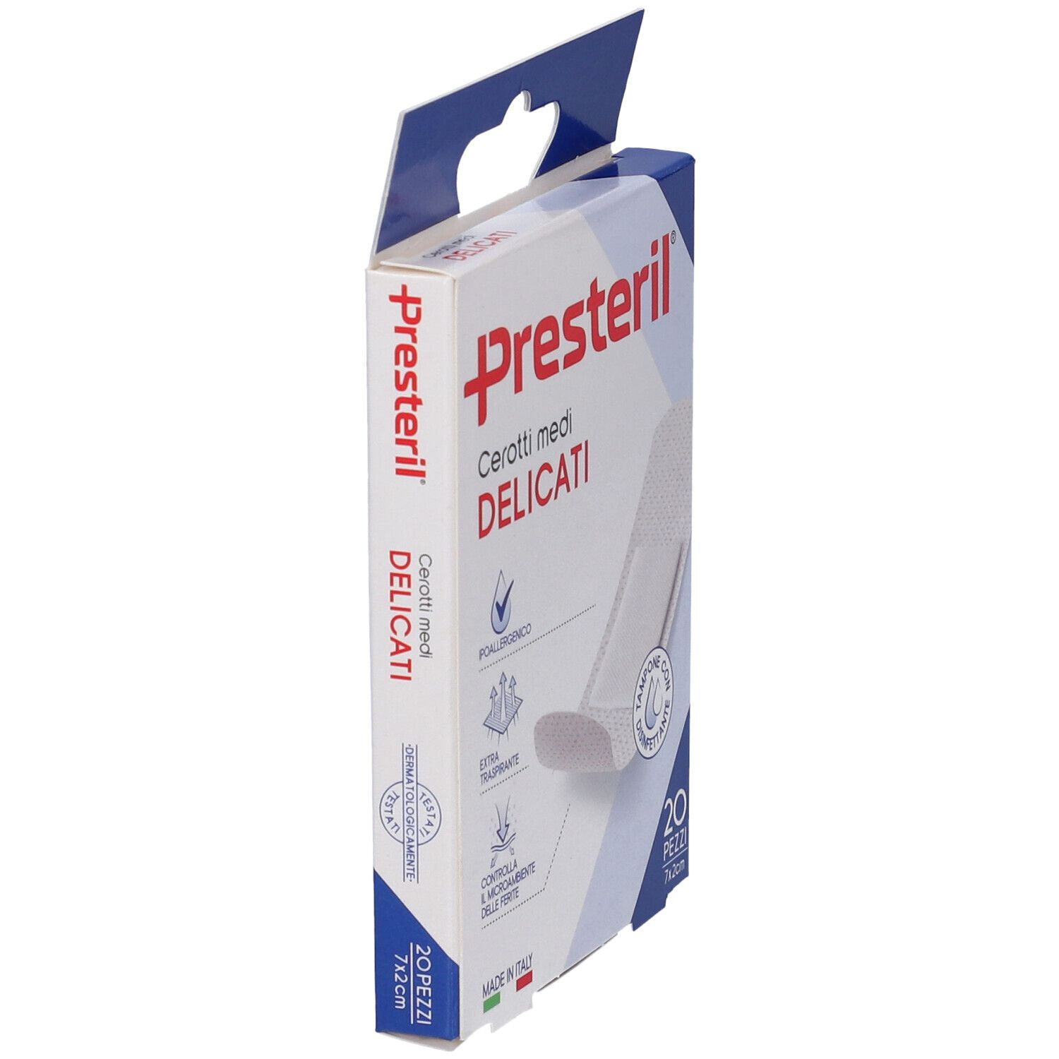 Vista laterale della confezione di cerotti. Scritta: Presteril Cerotti medi delicati, 7x2cm, 20 pezzi. Con illustrazioni.